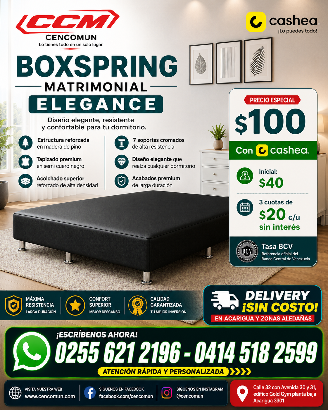 Cencomun Facebook ad: BOXSPRING MATRIMONIAL ELEGANCE + DELIVERY GRATIS