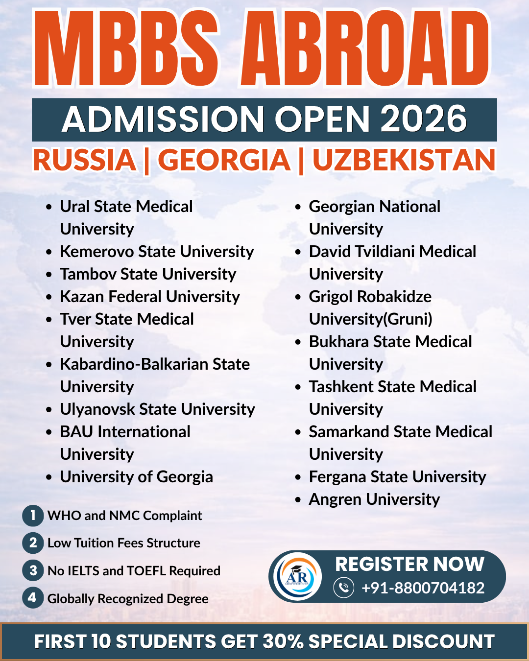 A R Group of Education Facebook ad: MBBS Abroad Admissions Open 2026