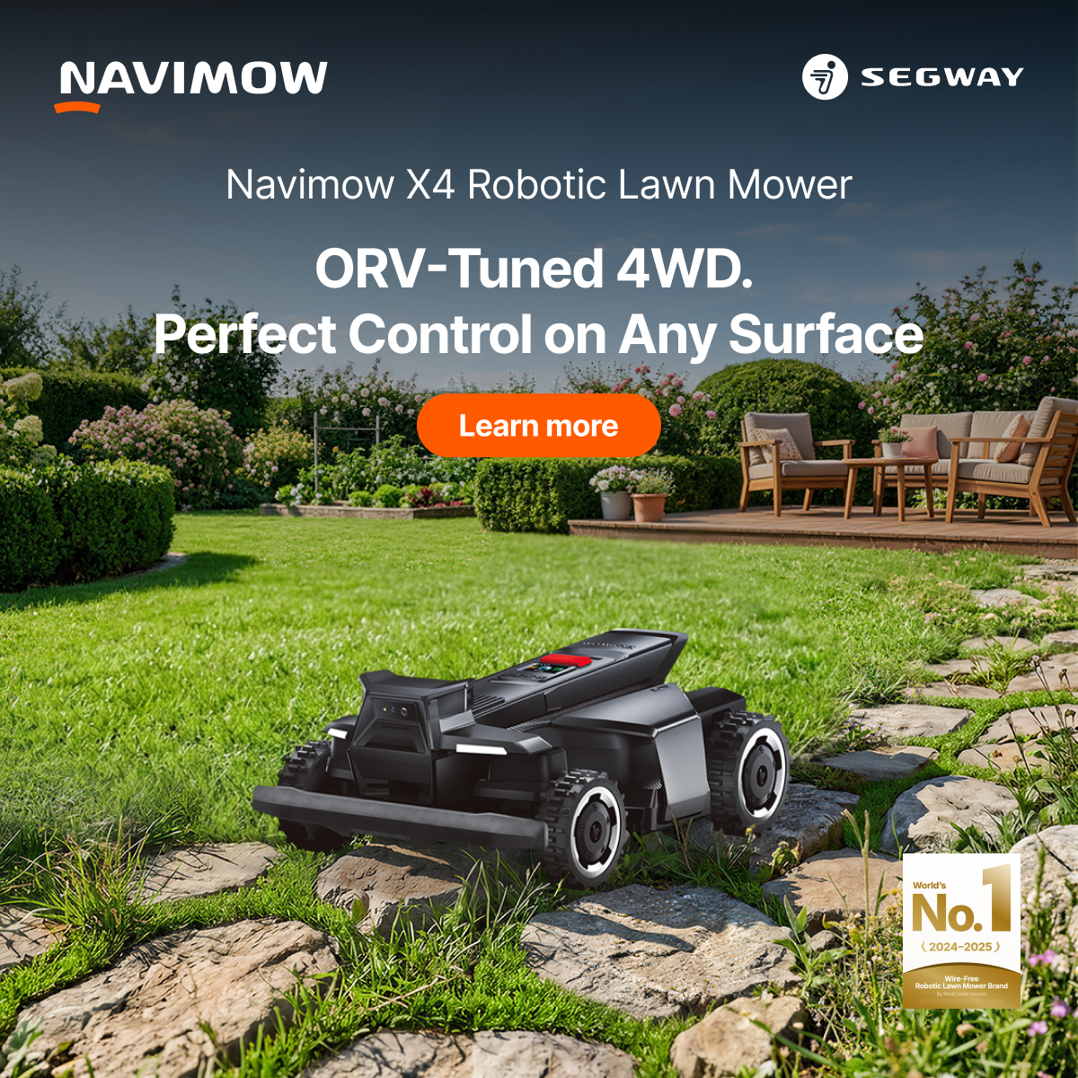 Segway Navimow Facebook ad: Smart mowing, safe home.