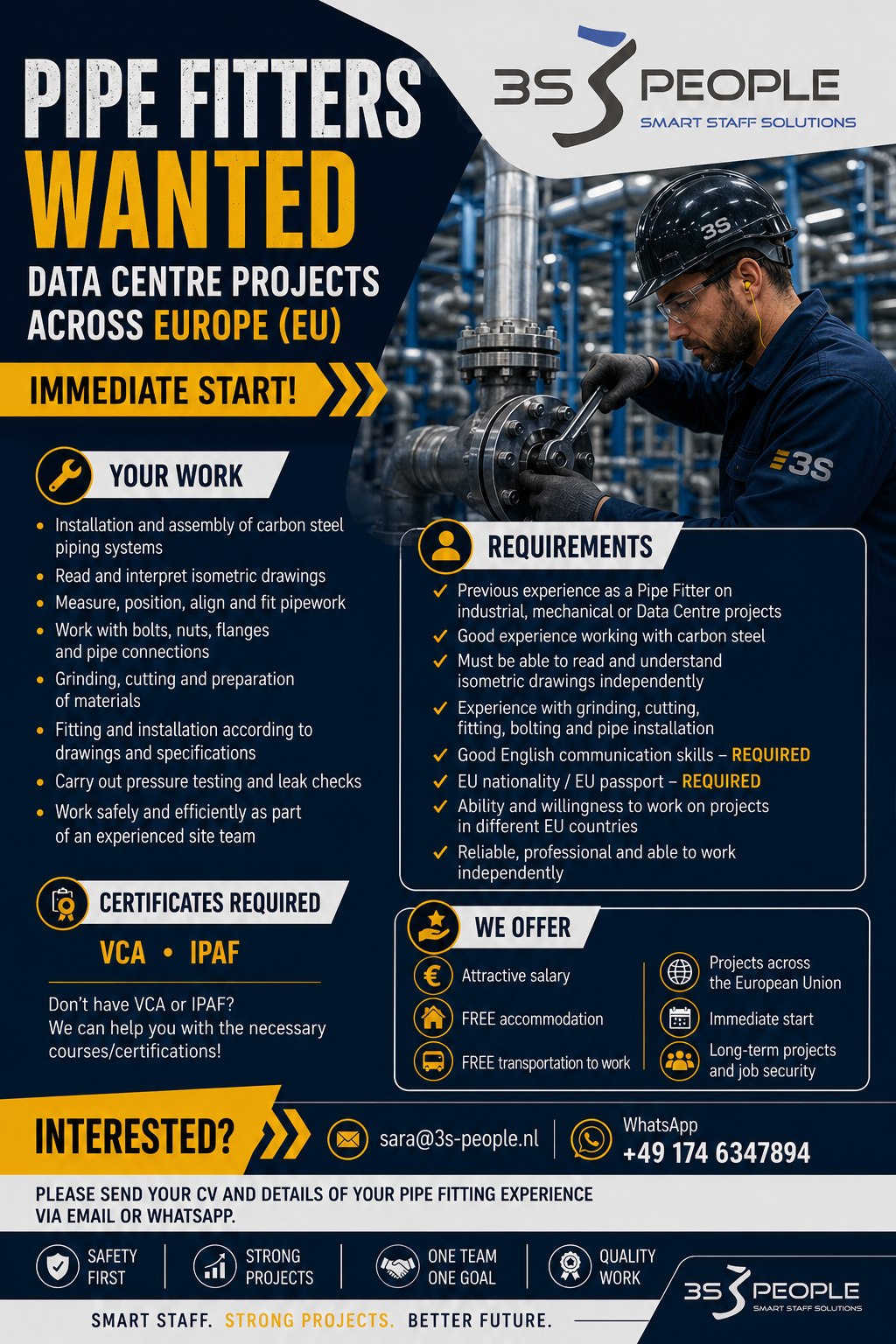 3S People BV Facebook ad: PIPE FITTERS WANTED, DATA CENTRE PROJECTS ACROSS EUROPE
