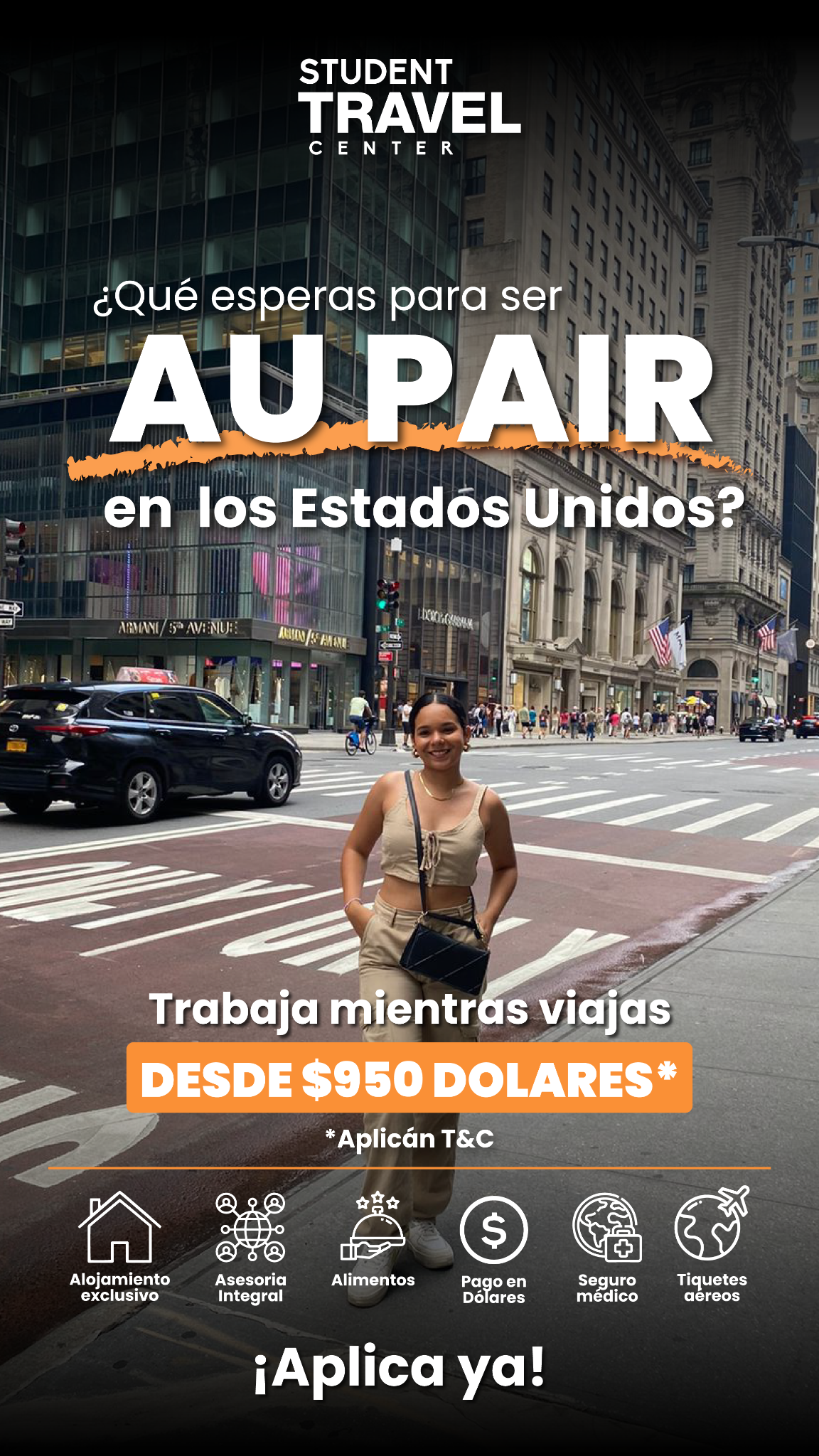 Student Travel Center Facebook ad: Au Pair en EE.UU., Vive, Aprende y Crece Internacionalmente