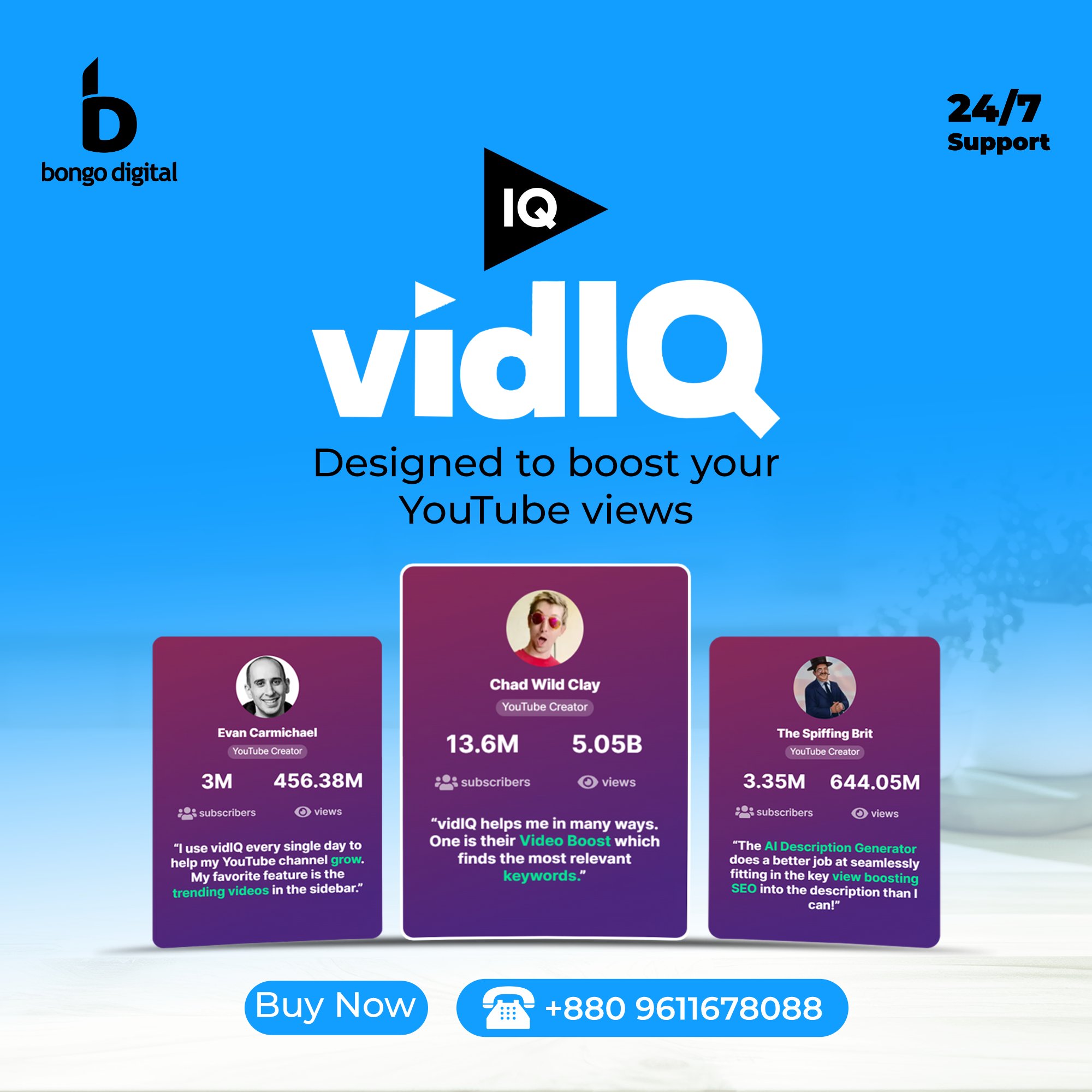 Bongo Digital Facebook ad: VidIQ, ইউটিউব গ্রোথ এখন আরও সহজ!