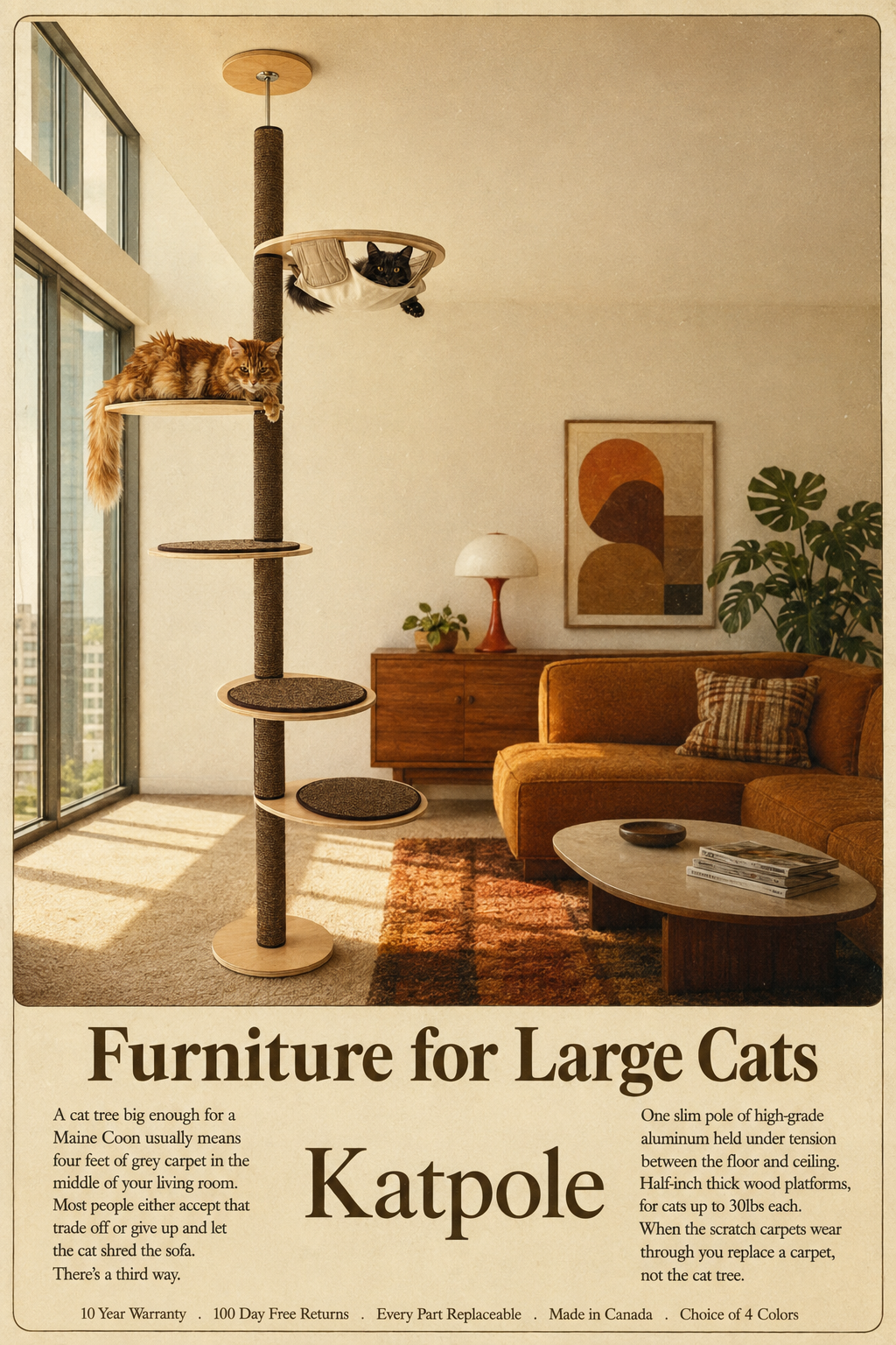 Katpole Cat Furniture Facebook ad: 10 Year Warranty