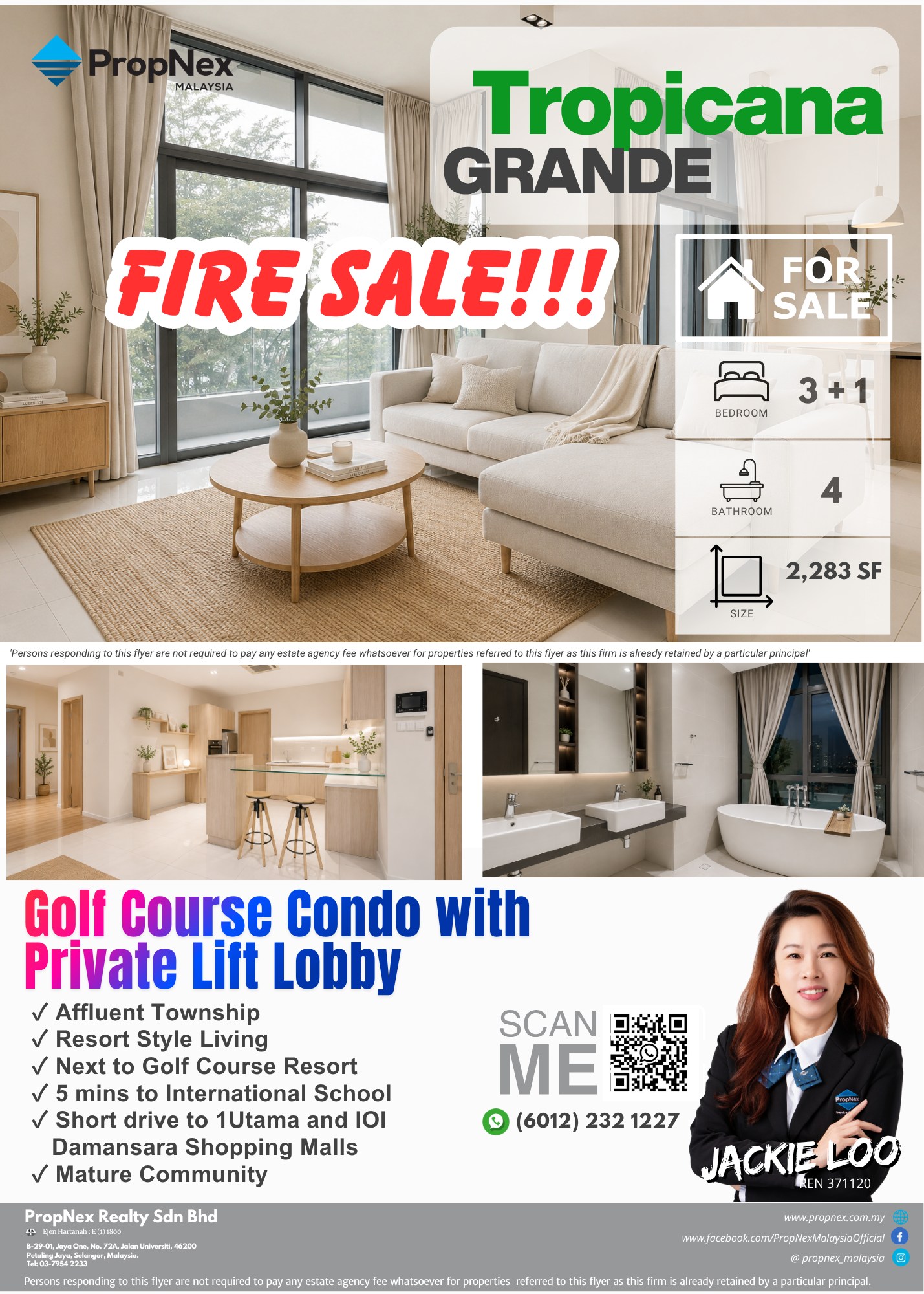 PropNex Malaysia - Jackie Loo Associates Facebook ad: Fire Sale Large Unit Condo at Tropicana!
