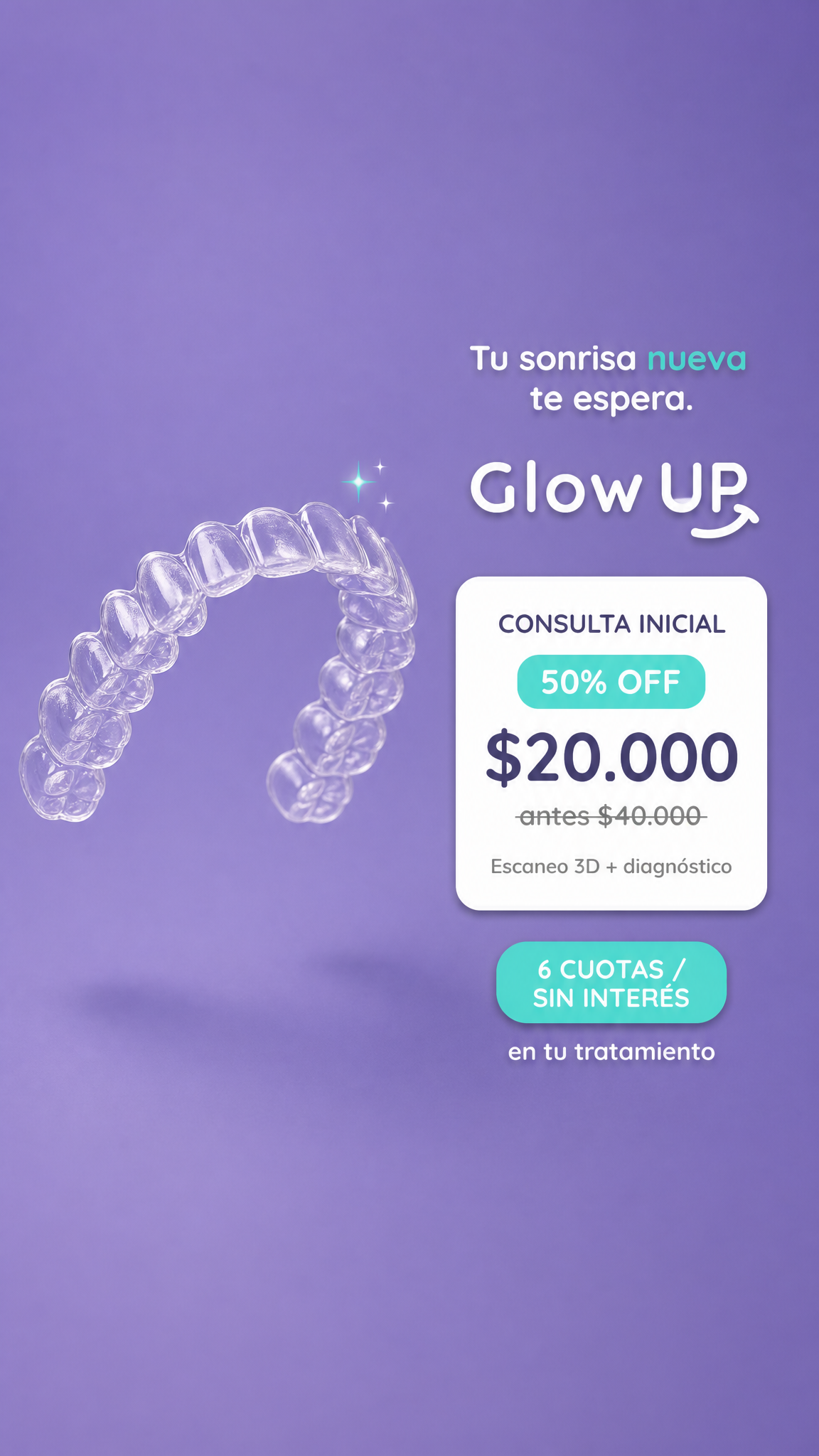 Glowup Argentina Facebook ad: Tu consulta inicial al 50%: $20.000 (antes $40.000).