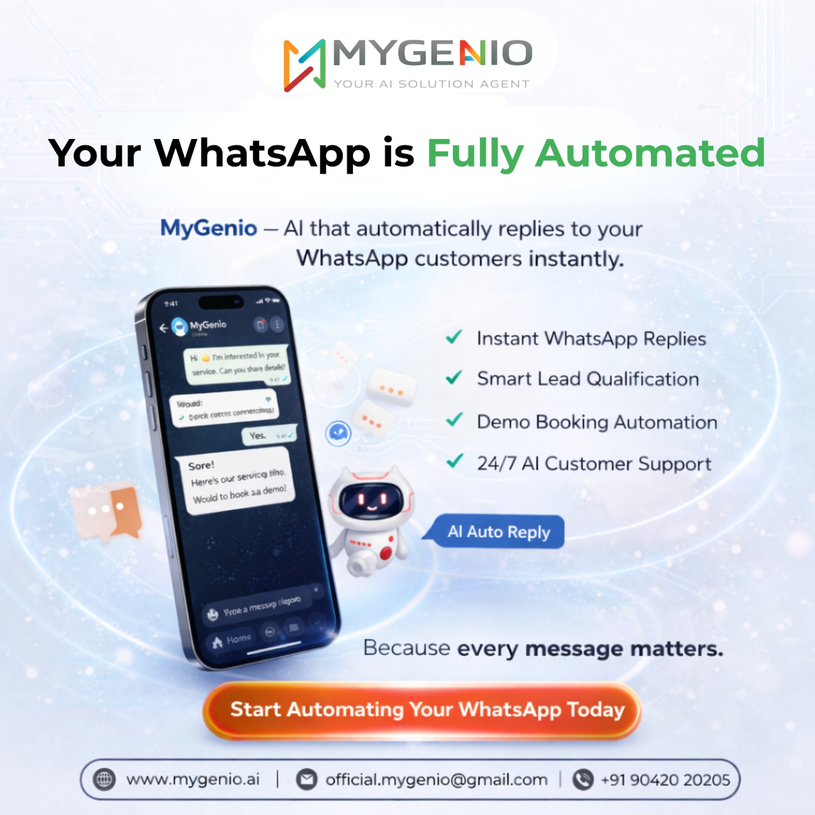 MyGenio AI Facebook ad: With WhatsApp automation, your business can manage high…