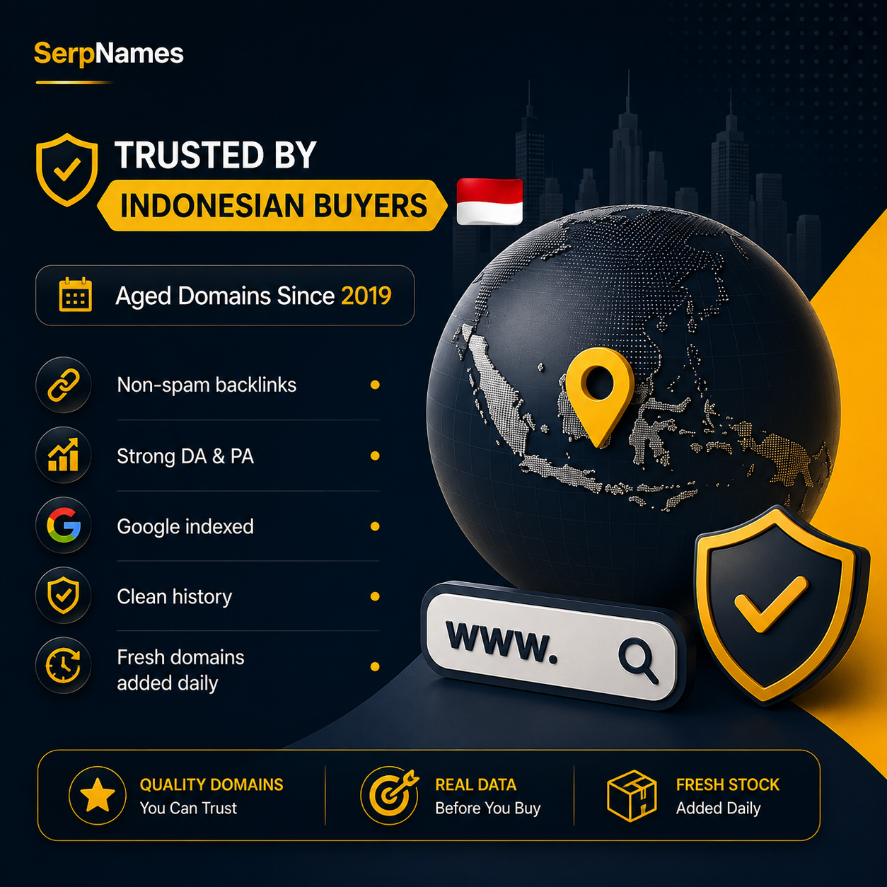 SerpNames.com Facebook ad: Aged Domains Indonesian Buyers Trust