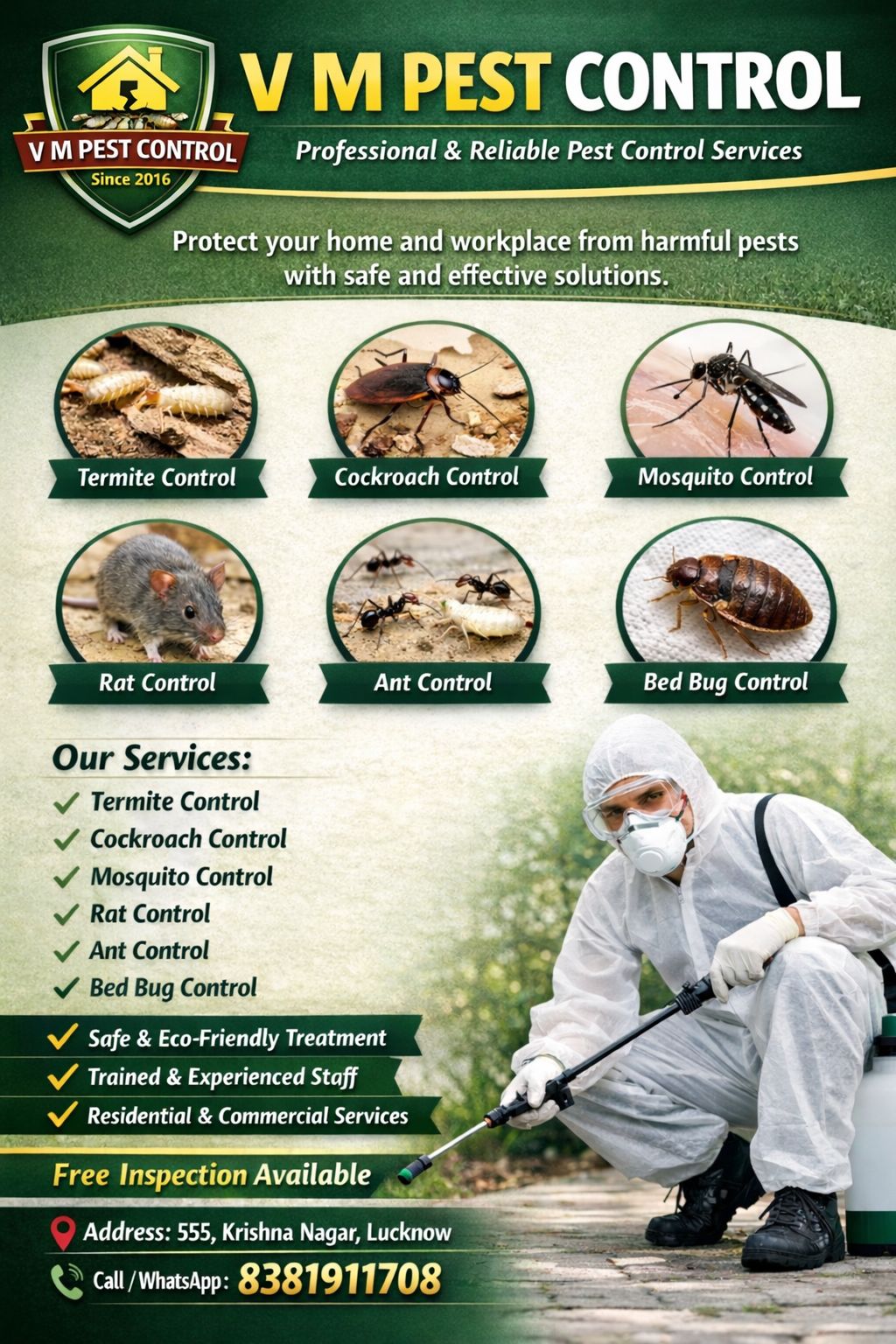 V M Pest Control Facebook ad: Termites, Cockroaches, Rats?