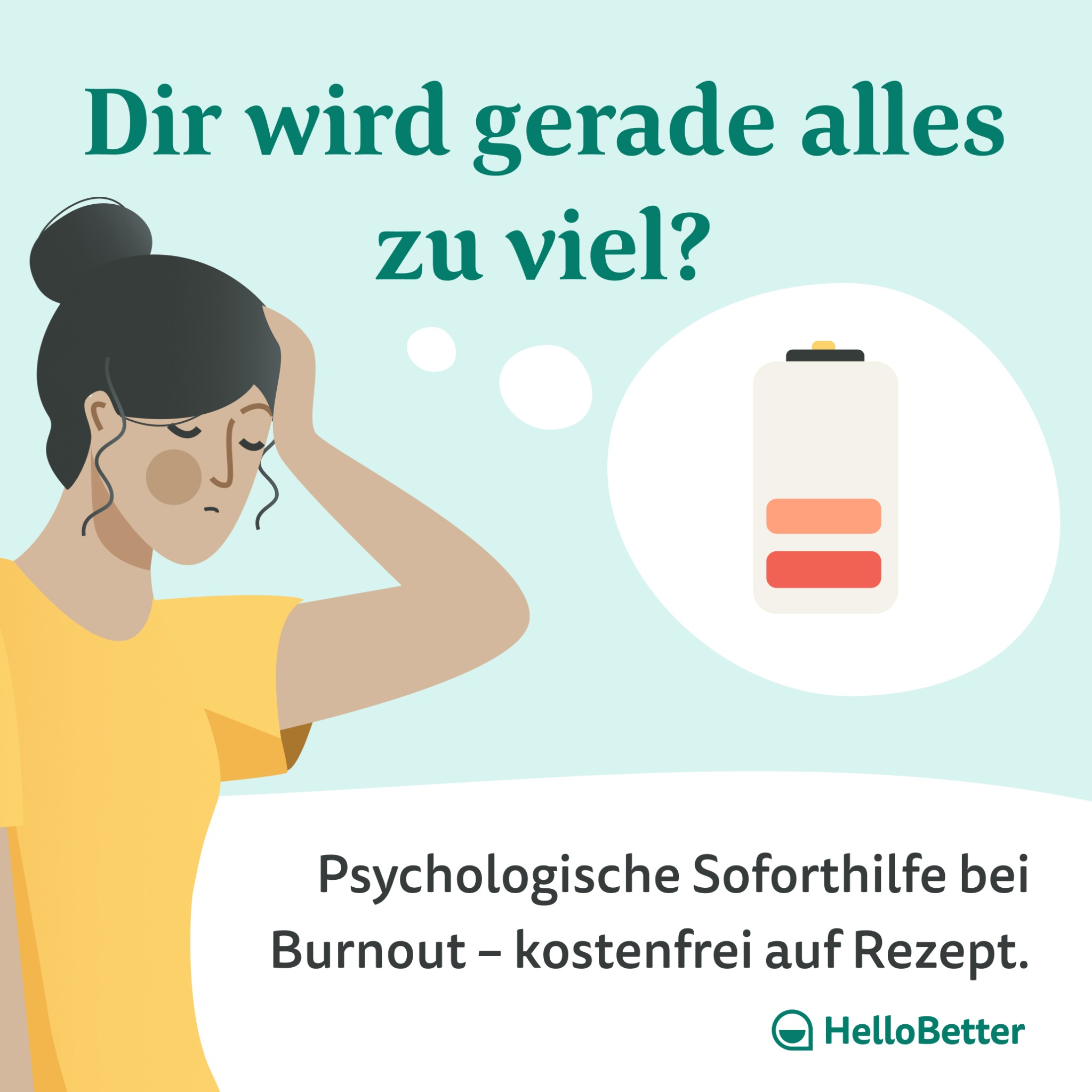 HelloBetter Facebook ad: Fühlst du dich gestresst, überlastet und erschöpft?