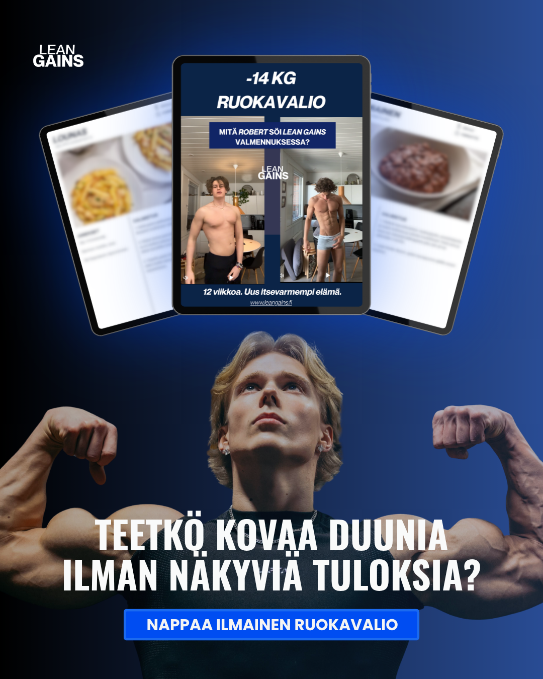 LeanGains Facebook ad: ILMAINEN ruokavalio rasvanpolttoon