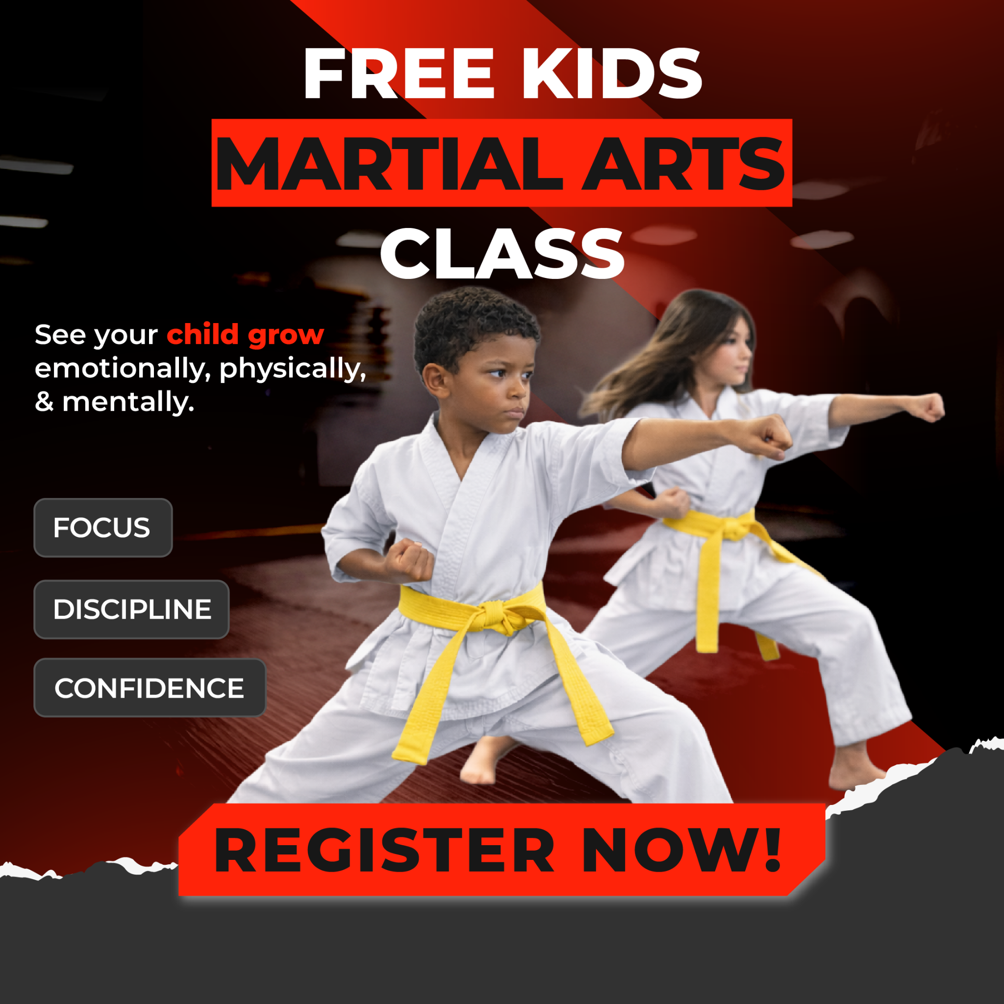 Bill Taylor's Bushido School of Karate Facebook ad: Free Kid Martial Arts Class!
