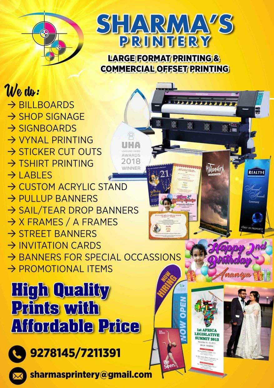 Sharma's Printery Facebook ad: We do: Billboards,Banners for all occasions, T Shirt…