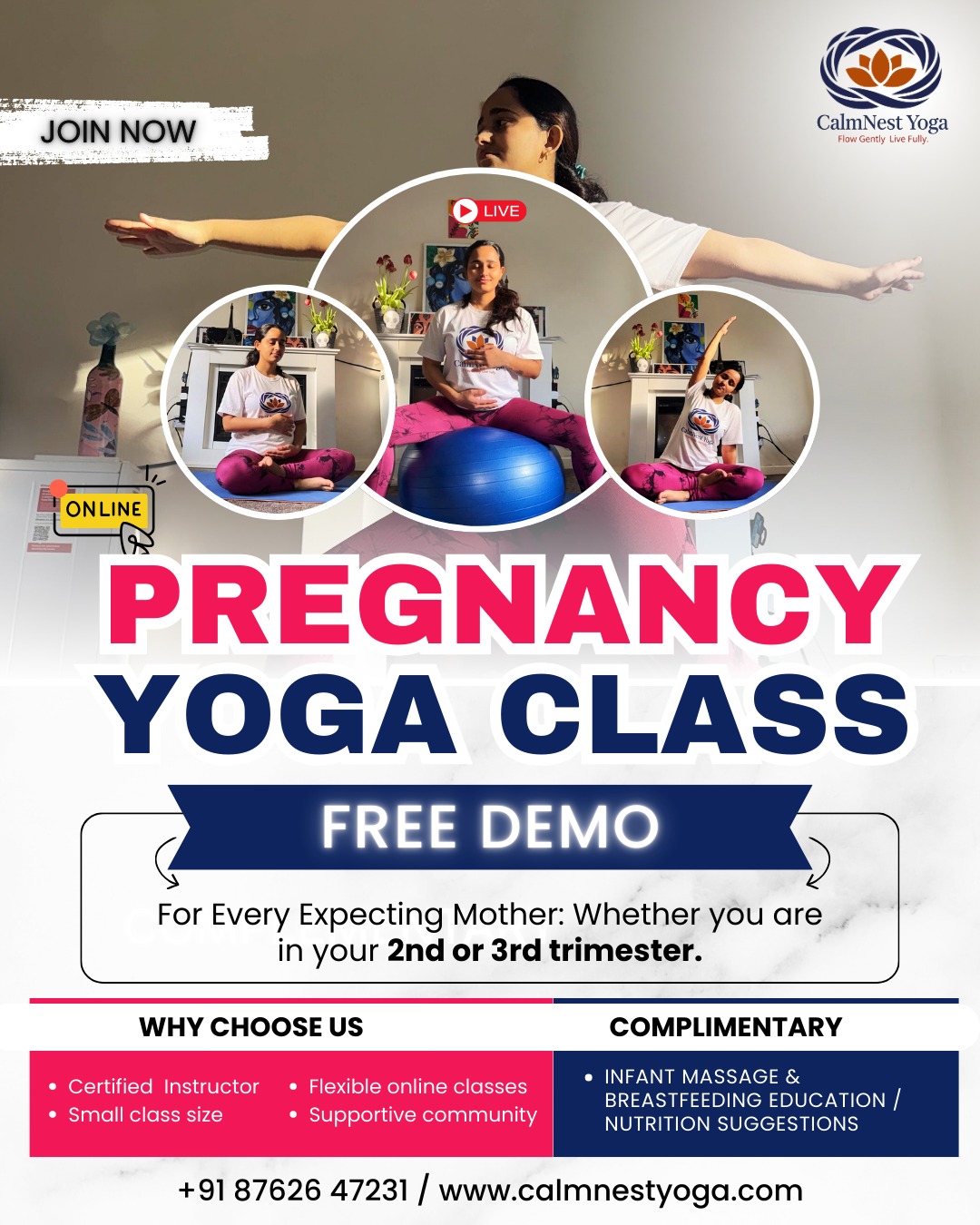 CalmNest Yoga Pregnancy Yoga Facebook ad: Pregnant & Feeling Back Pain, Stress or Fear…