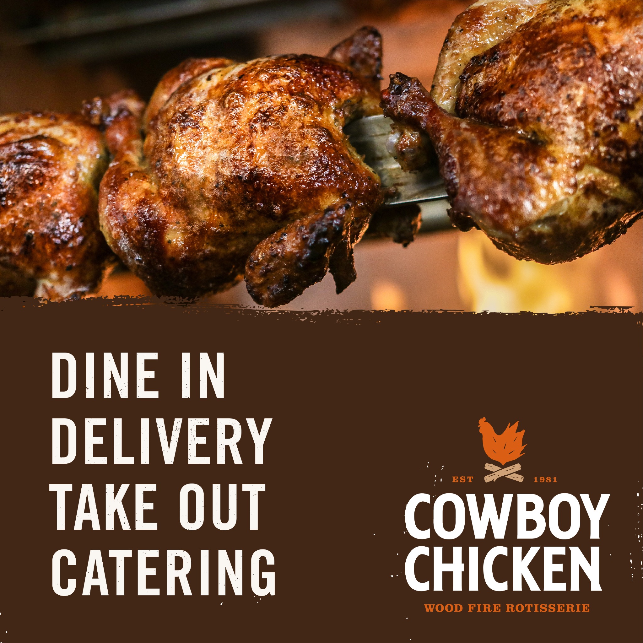 Cowboy Chicken Facebook ad: Slow roasted over real wood.