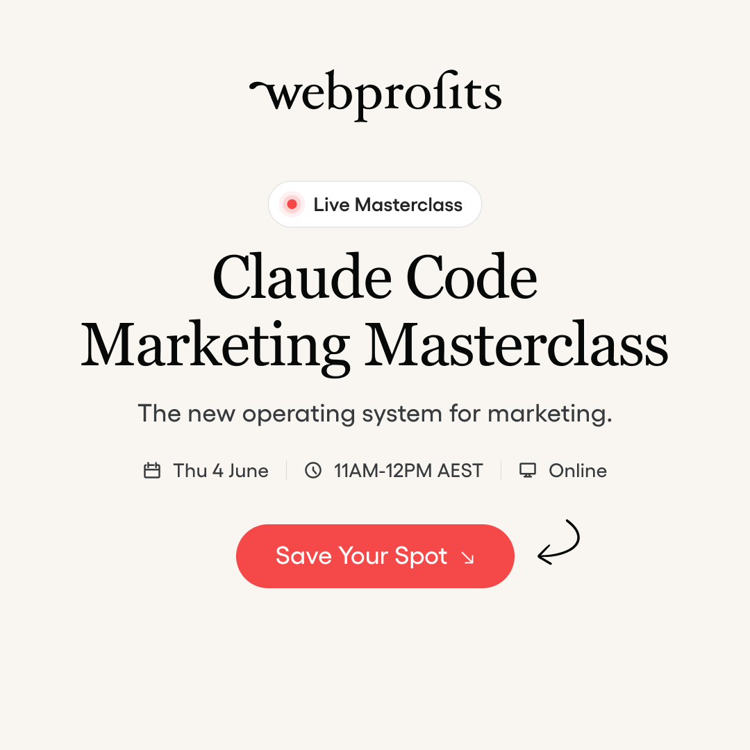 Webprofits Facebook ad: Claude Code Marketing Masterclass