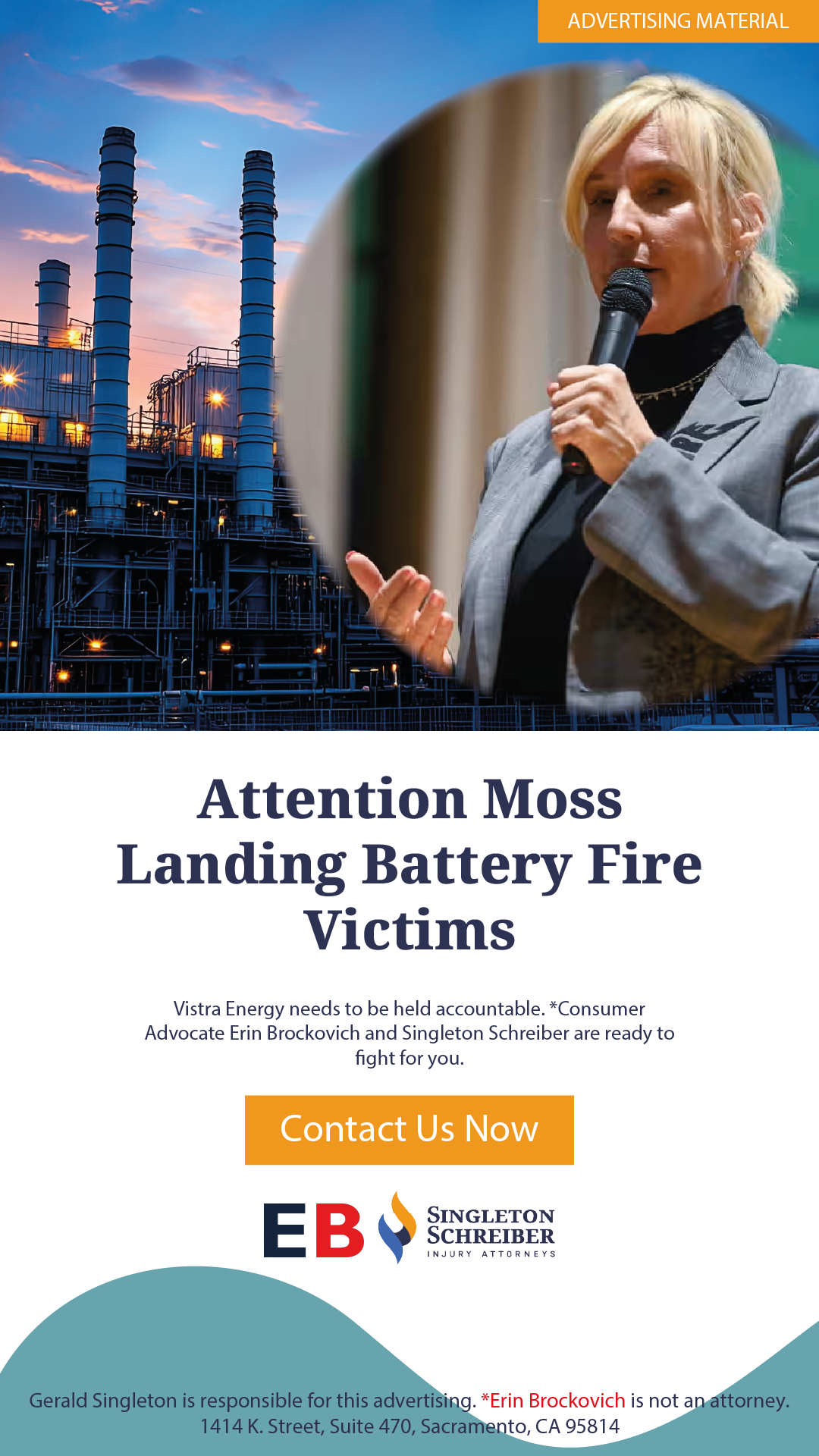 Moss Landing Battery Fire Lawsuit Info Facebook ad from May 29, 2025