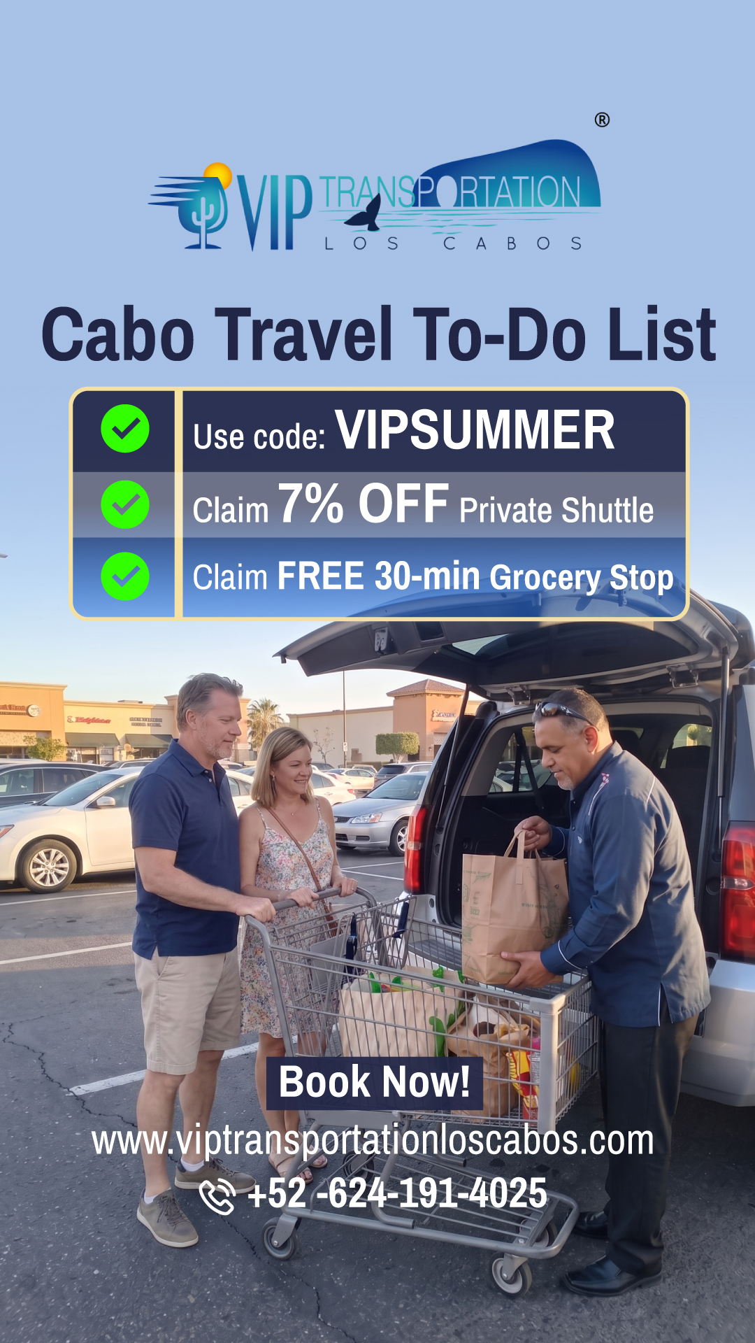 VIP Transportation Los Cabos Facebook ad from Aug 5, 2026