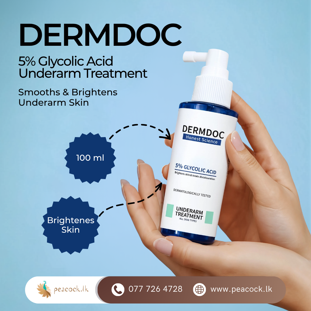 Peacock.lk Facebook ad: DERMDOC 5% Glycolic Acid Underarm Treatment 100ML