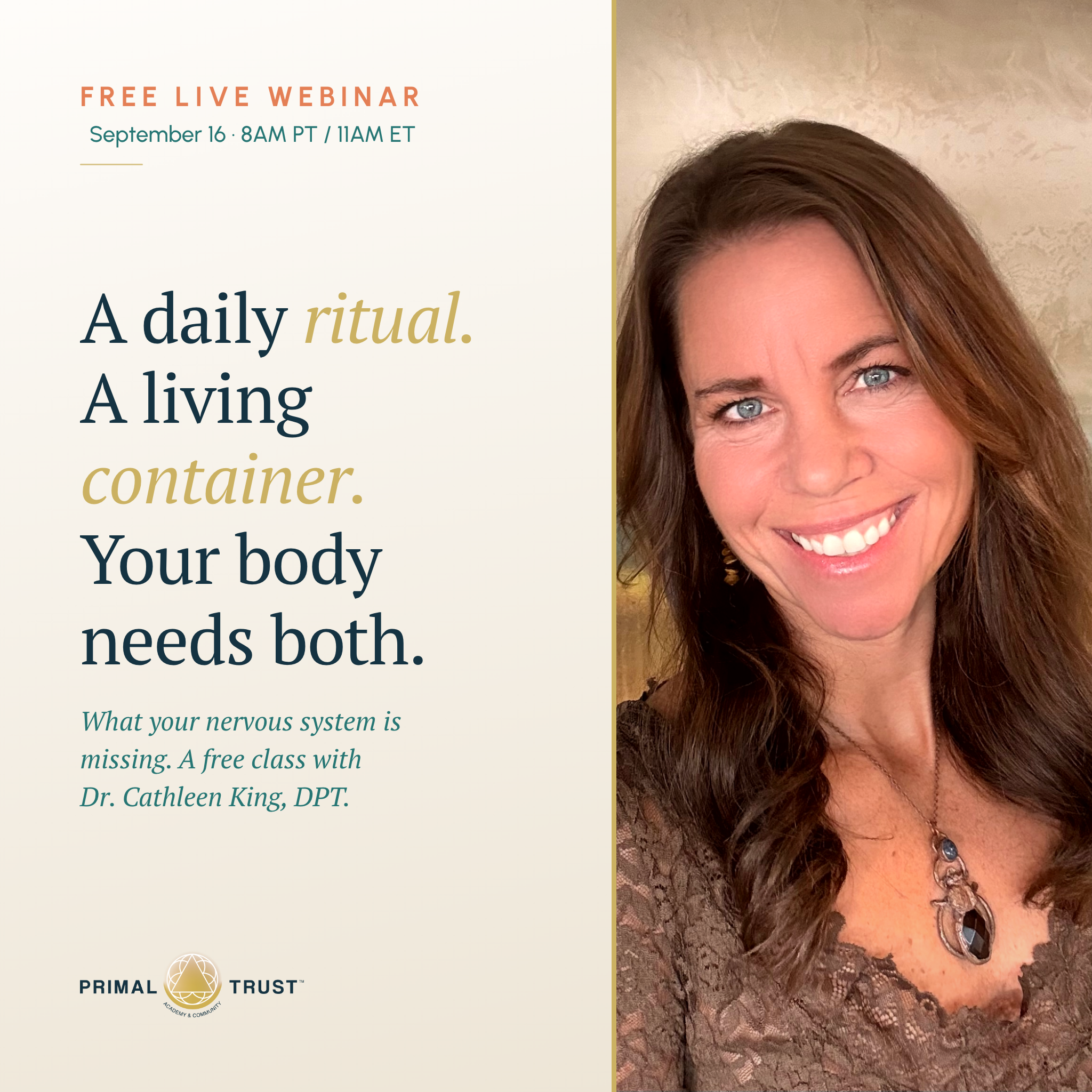 Primal Trust Academy & Community with Dr. Cathleen King Facebook ad: FREE Live Webinar: Register Now