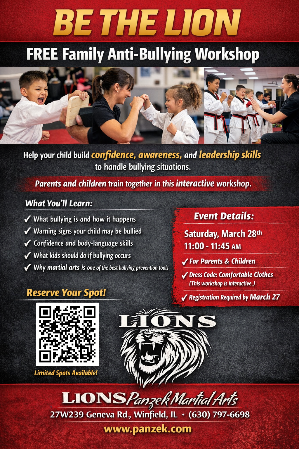 Lions Panzek Martial Arts Facebook ad: FREE Family Anti-Bullying Workshop