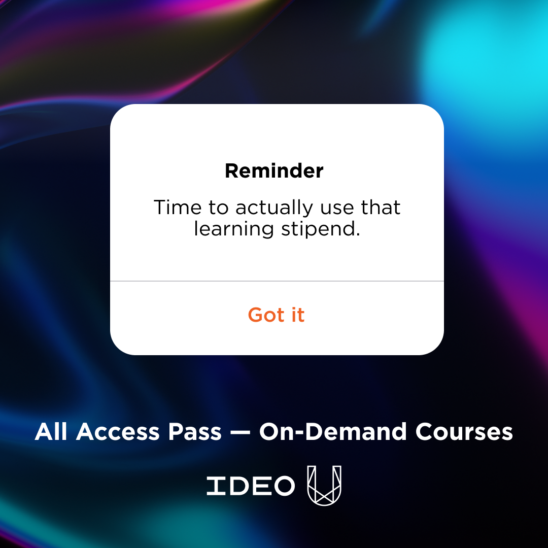 IDEO U Facebook ad: New: All Access Pass, On-Demand Courses