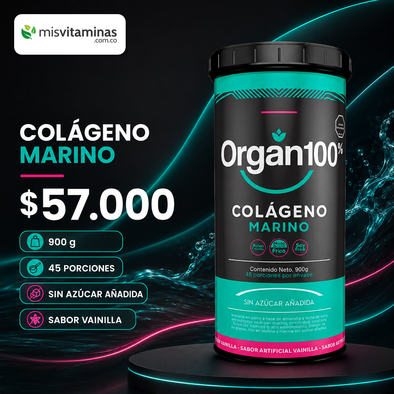 Mis Vitaminas Oficial Facebook ad: Colágeno Marino Organ100 900 g | $57.000