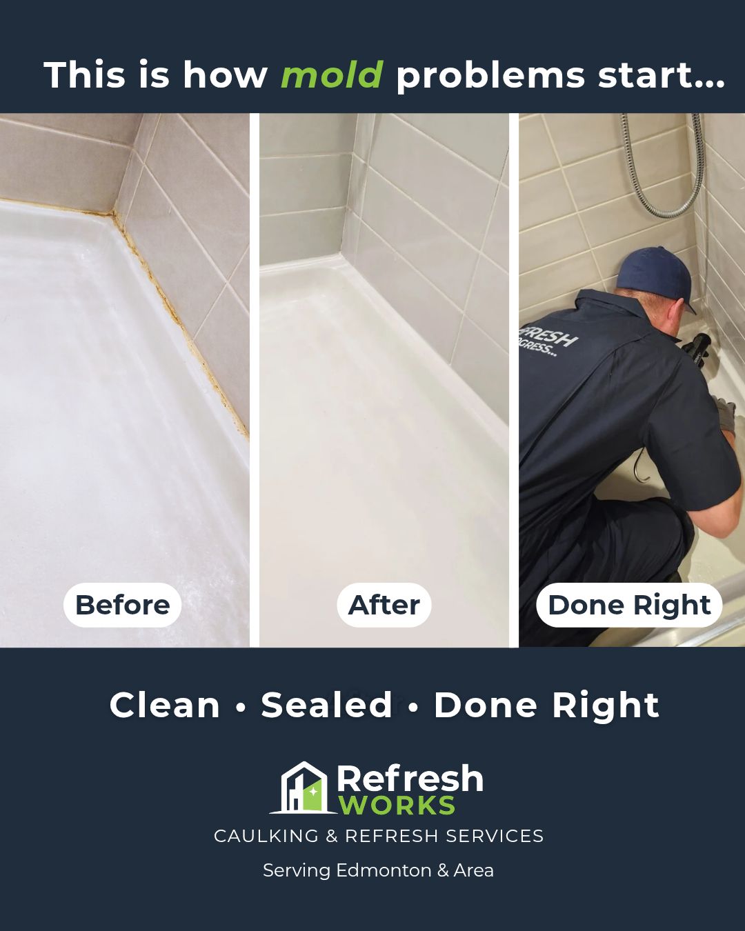 Refresh Works Facebook ad: Caulking Services Edmonton | Bathroom & Kitchen Recaulking