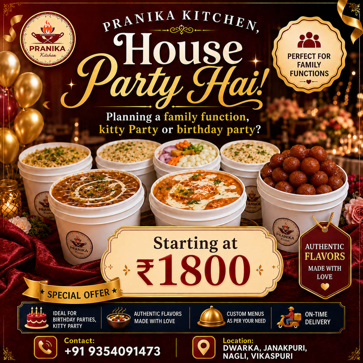 PranikaKitchen Facebook ad: House Party Food for 10 Guests at Just ₹1800!