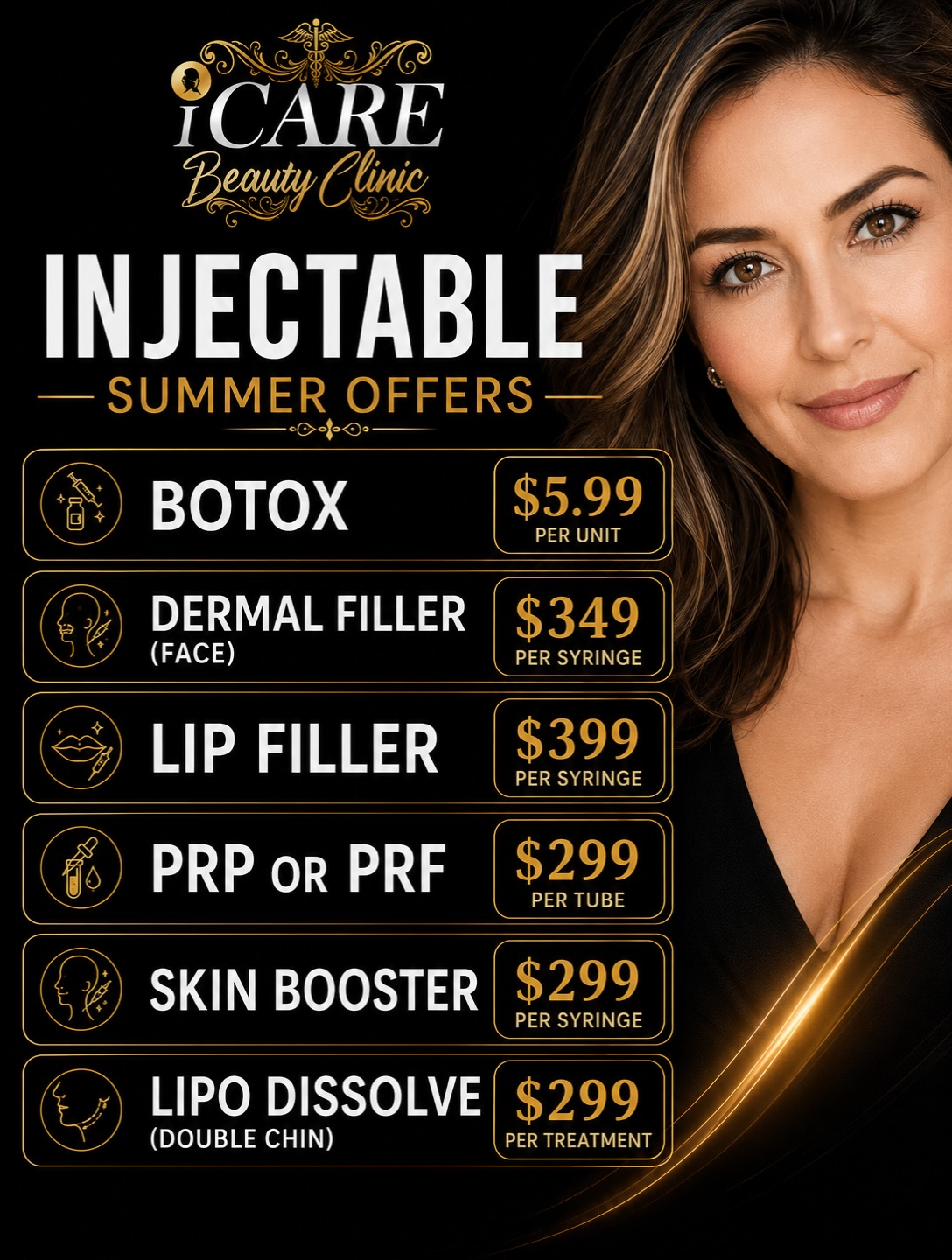 I Care Beauty Clinic Facebook ad: AUGUST INJECTABLE SUMMER OFFERS