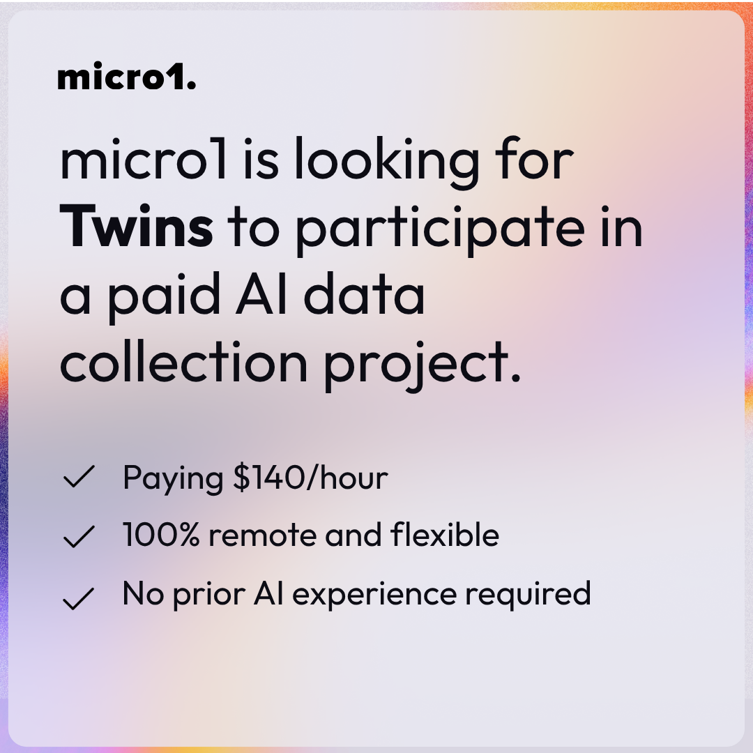 micro1 Facebook ad: AI Facial Data Collection Associate (Twins) | Apply on Job