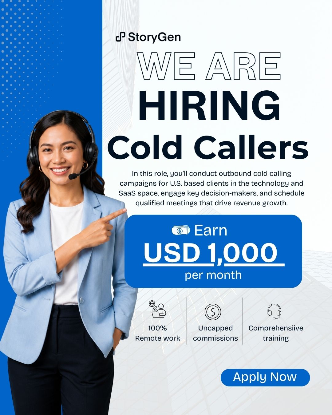 StoryGen Facebook ad: Tired of cold calling jobs with low pay and no real growth?