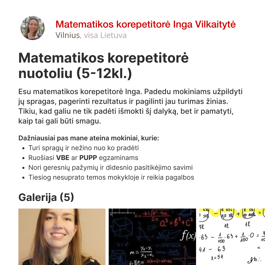 Matematikos Korepetitorė Justina Facebook ad: Išankstinė registracija