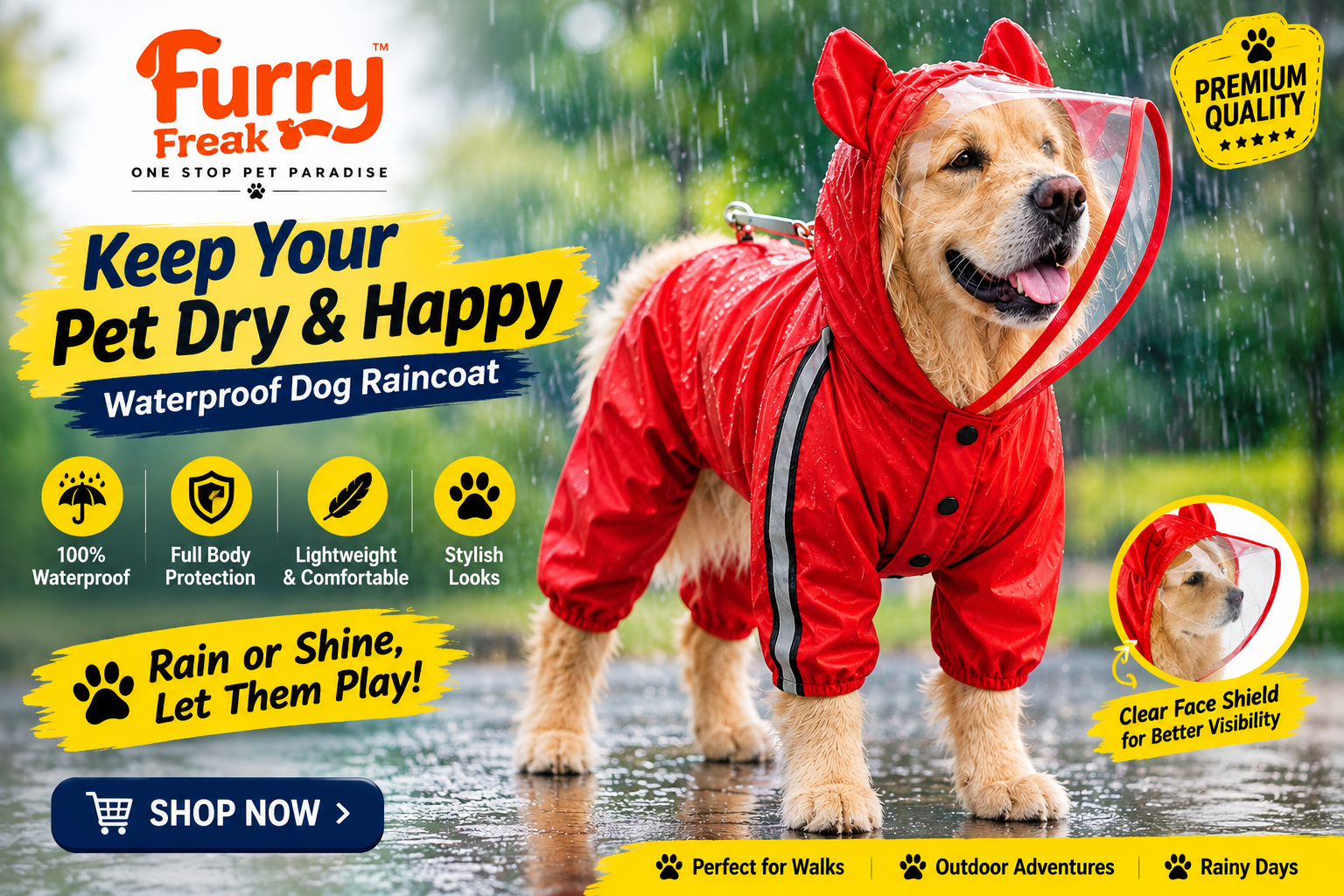 Furry Freak Facebook ad: Most dog raincoats are noisy, stiff, and make…