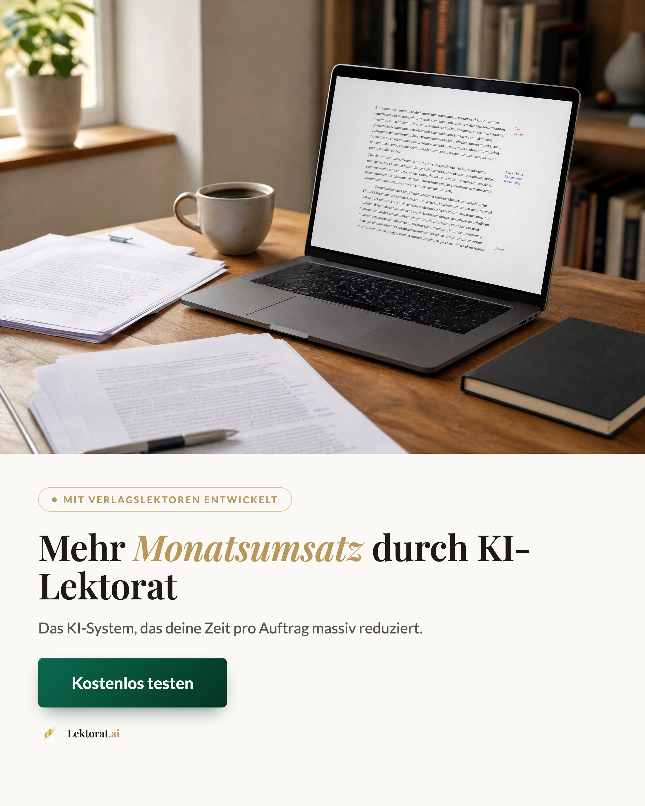 Lektorat.ai Facebook ad: Entwickelt mit Verlagslektoren. Jetzt erstmals für dich…