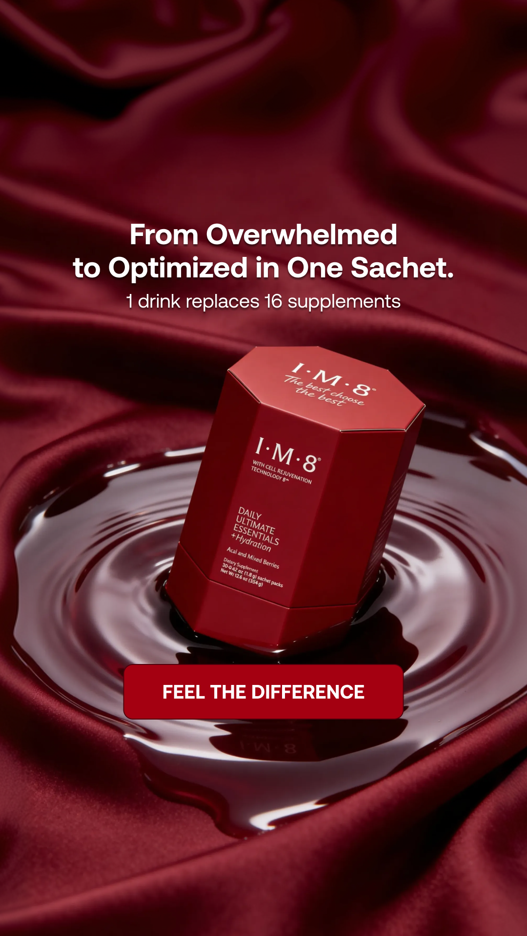 IM8 Facebook ad: One Scoop. 16 Supplements. Zero Guesswork.