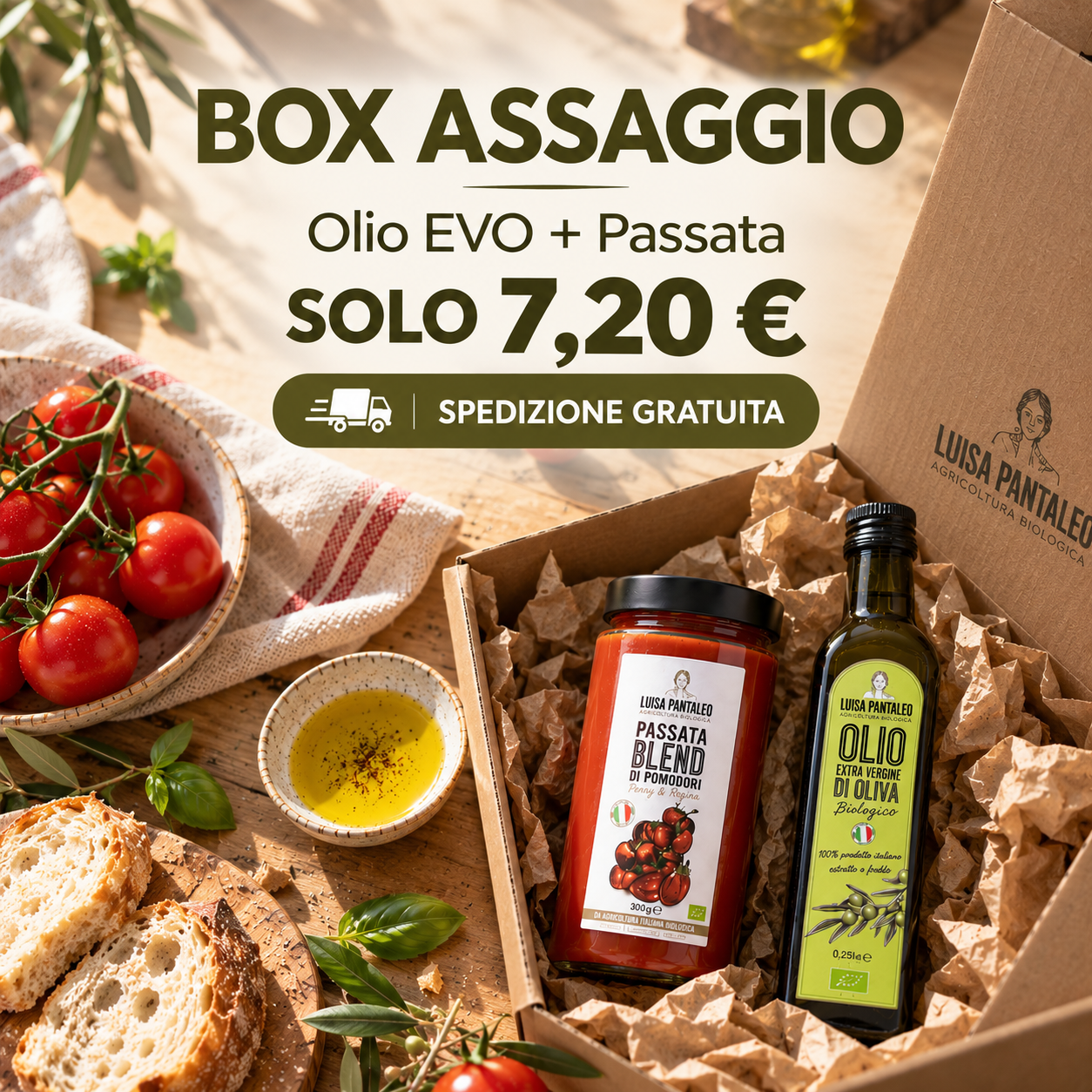 Pantaleo Agricoltura Facebook ad: Box Assaggio: olio EVO + passata a 7,20 €