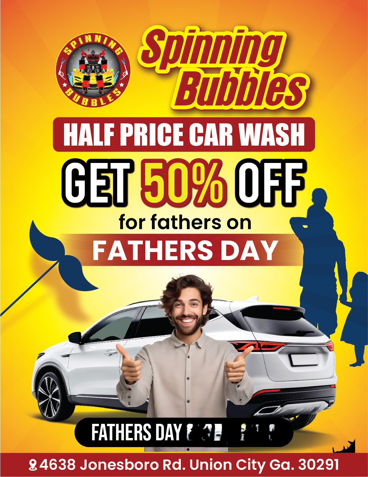 Spinning Bubbles Facebook ad: Car Wash for Father's Day discount for fathers