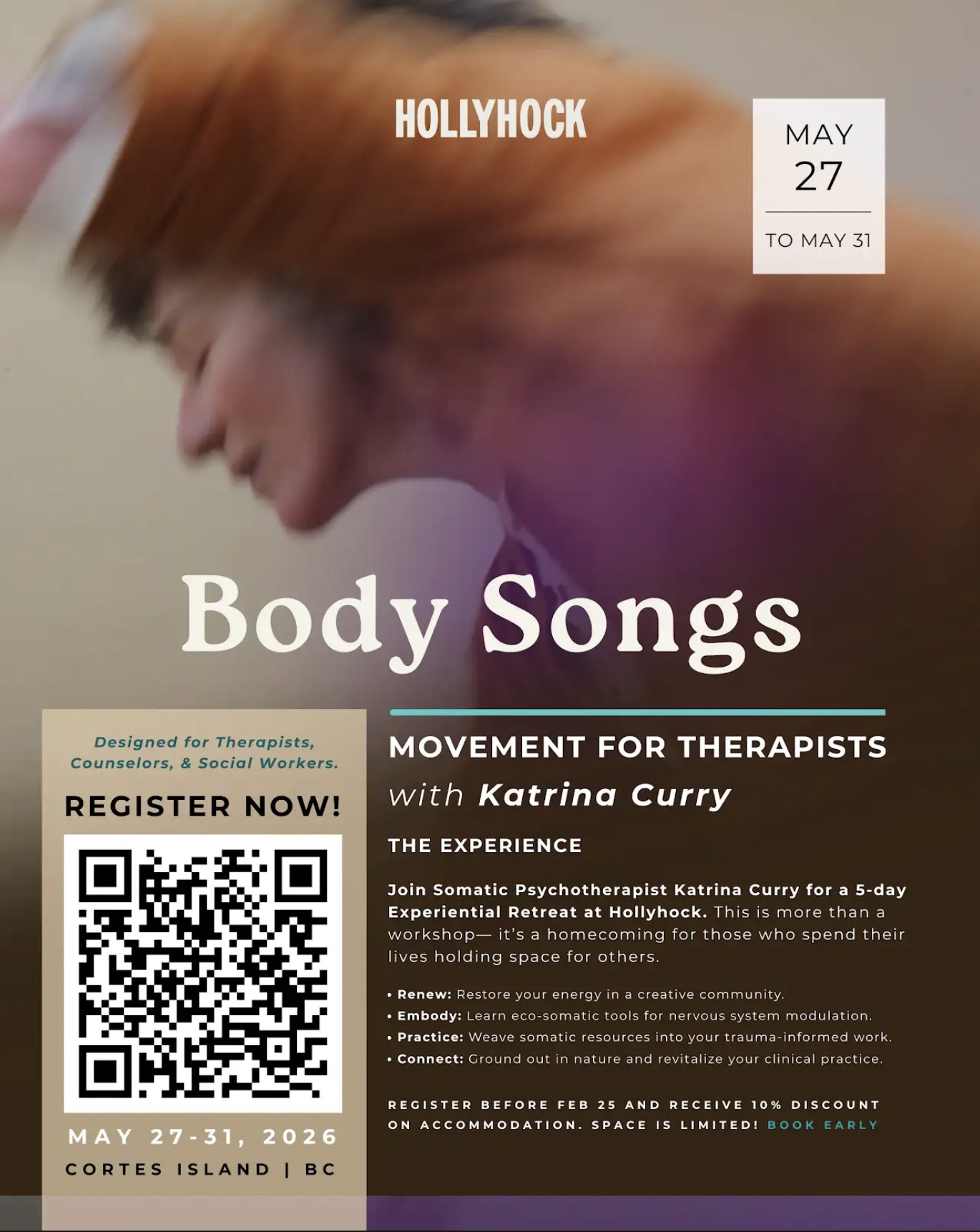 The Center For Relational Ecology Facebook ad: Body Songs: Movement For Therapists at Hollyhock Retreat…