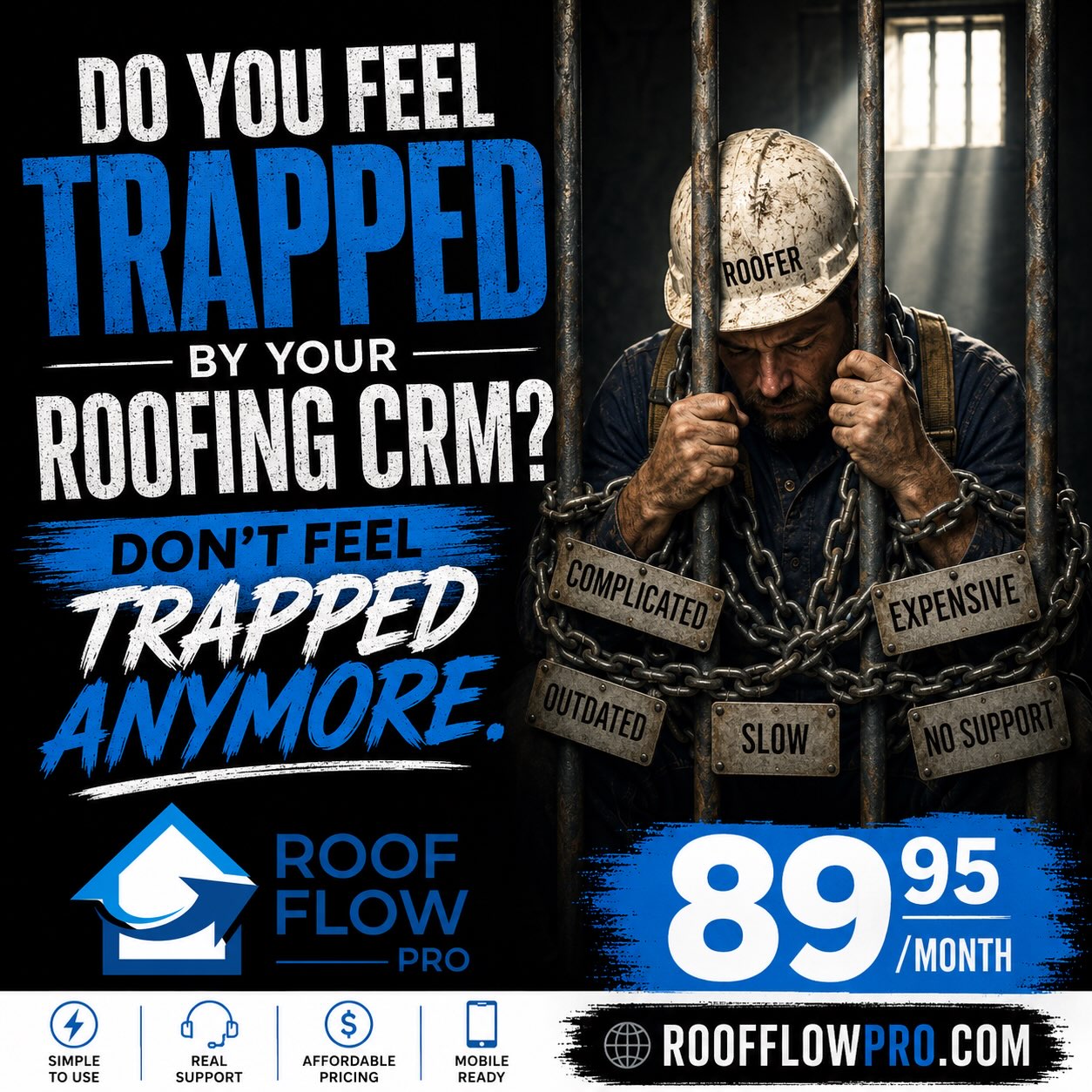 roofflowpro Facebook ad: Feel trapped by your roofing CRM?