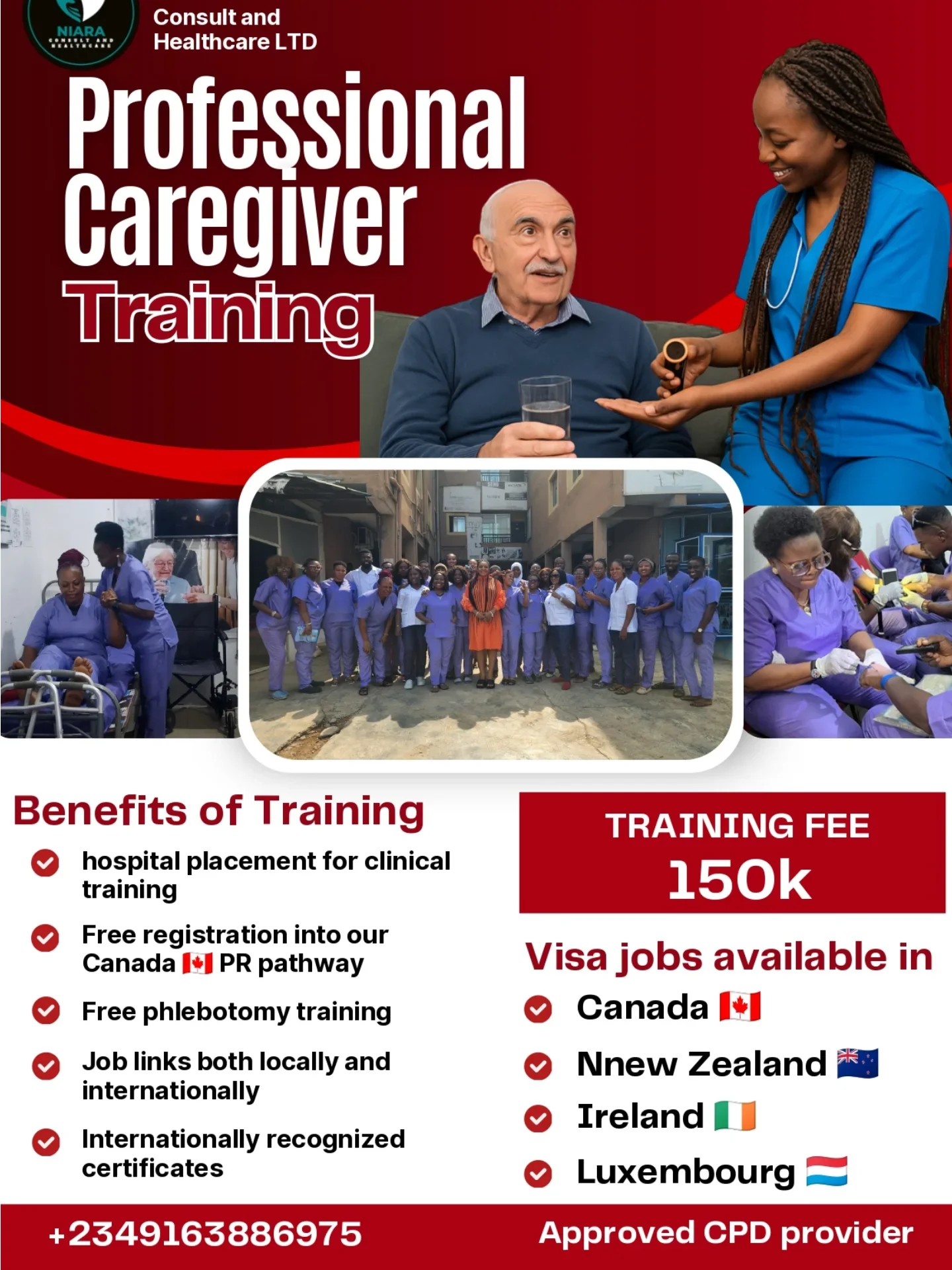 Niara Consult and Healthcare Facebook ad: ENROLL FOR OUR CAREGIVER TRAINING AND ENJOY