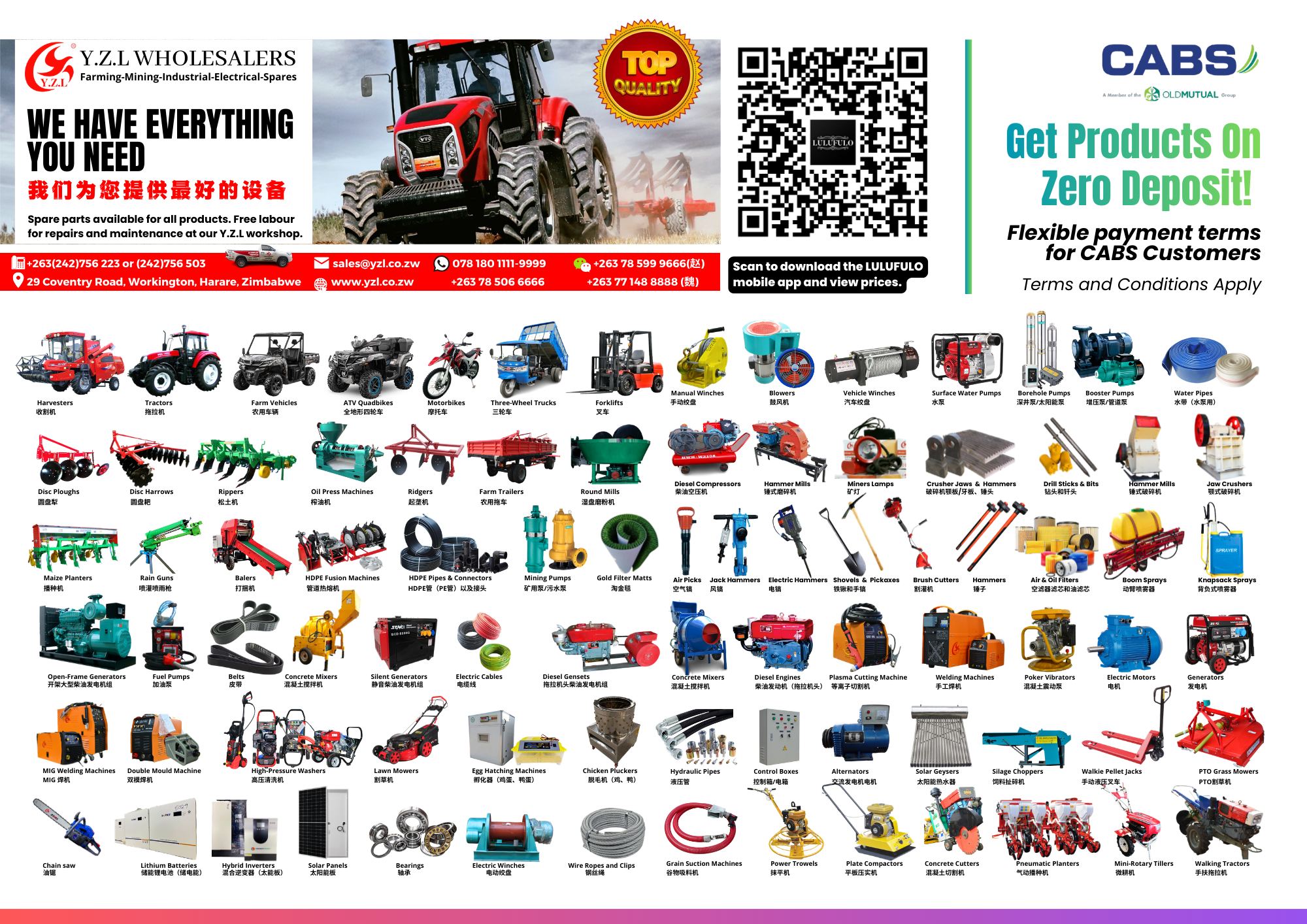Y.Z.L Wholesalers Facebook ad: FARMING, MINING, INDUSTRIAL & ELECTRICAL EQUIPMENT…
