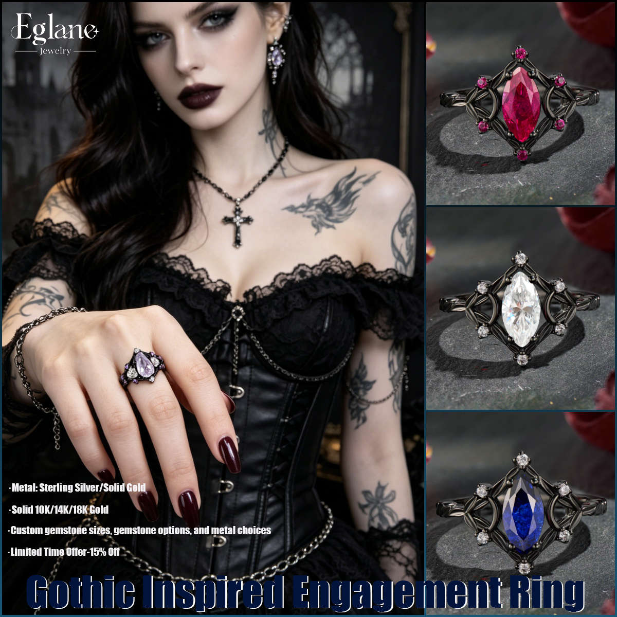 Eglanejewelry Facebook ad: Vintage Gothic Inspired Engagement Rings