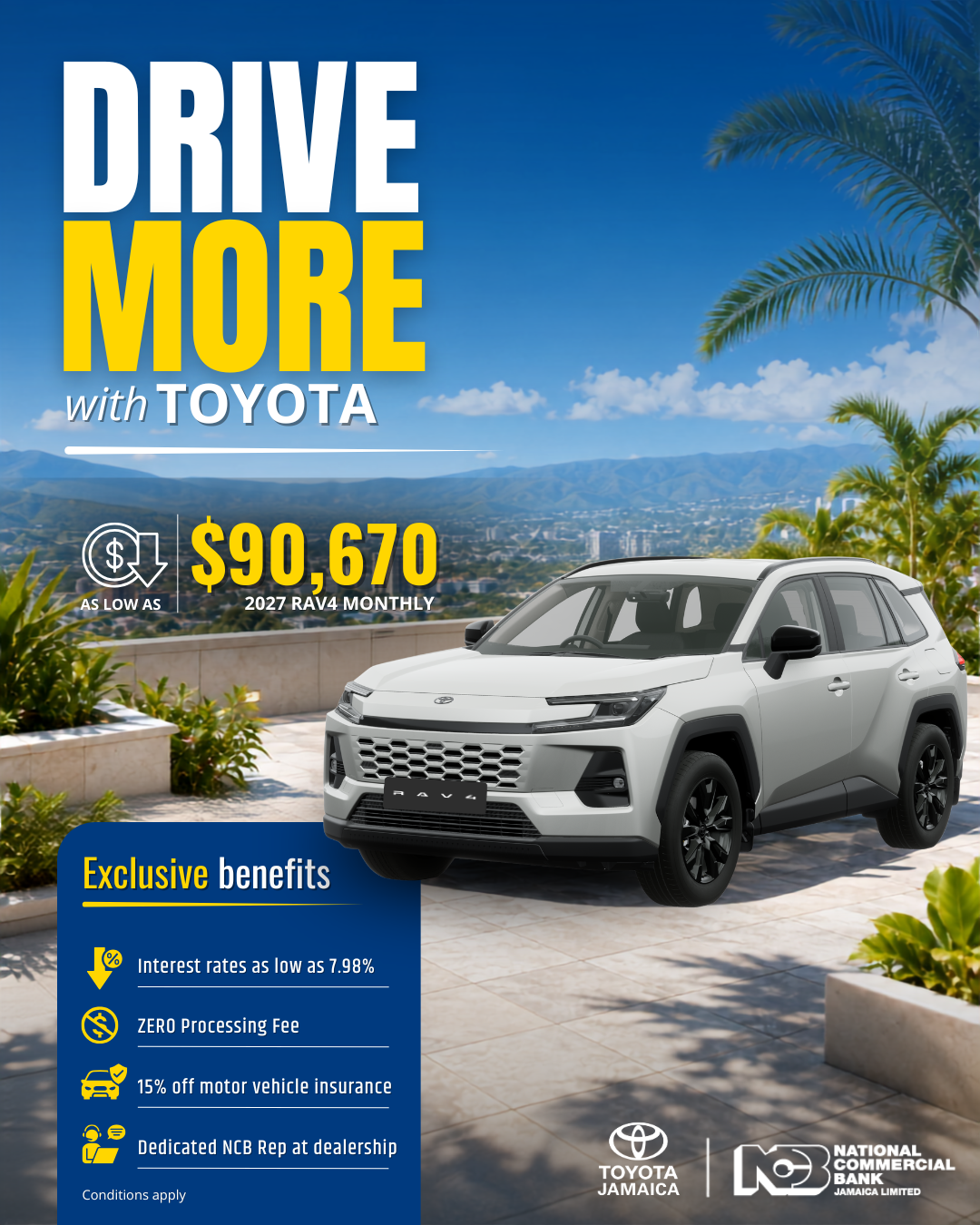 Toyota Jamaica Limited Facebook ad: Drive more for less with Toyota + NCB.