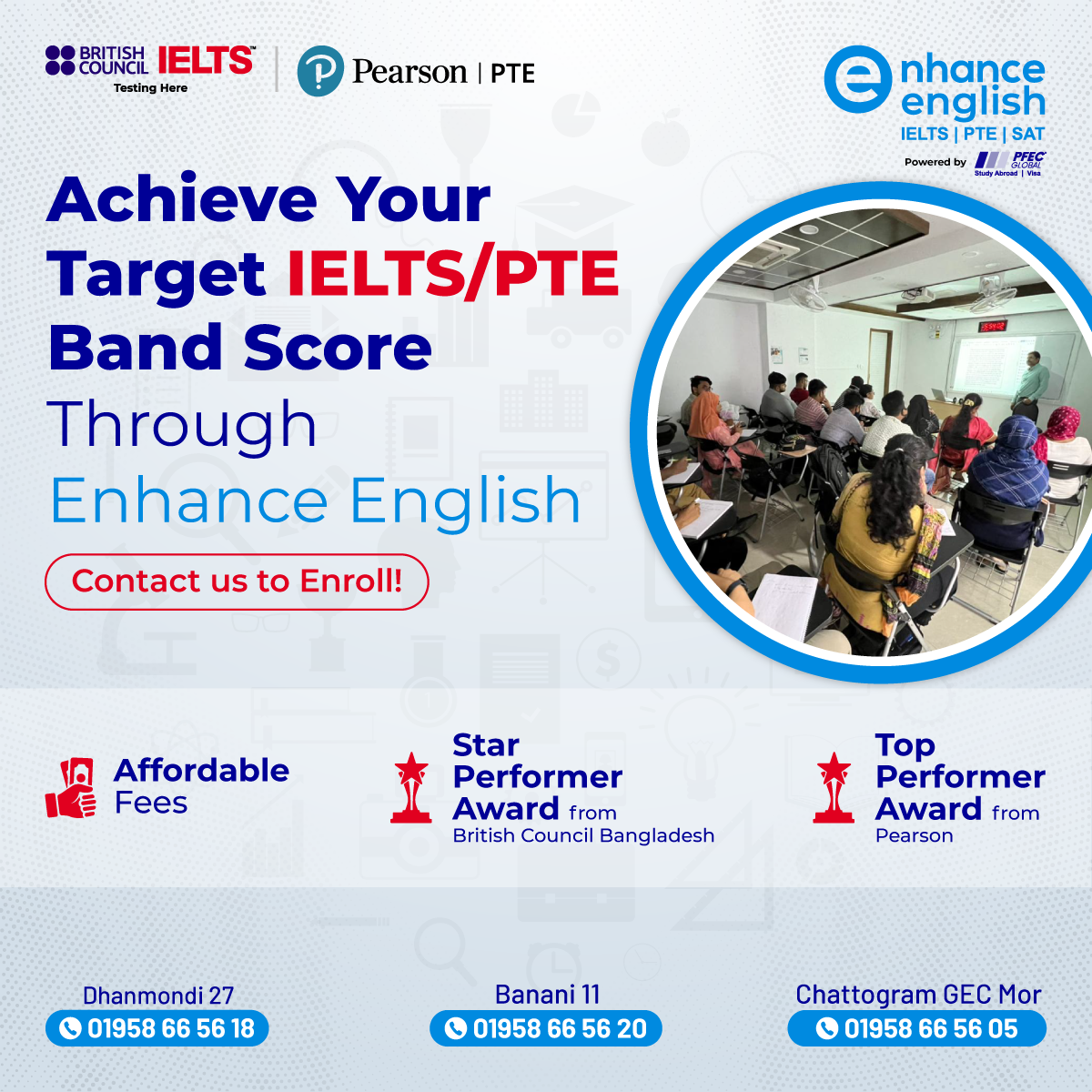 Enhance English Chattogram Facebook ad: Achieve Your Dream IELTS/PTE Score with Enhance English!