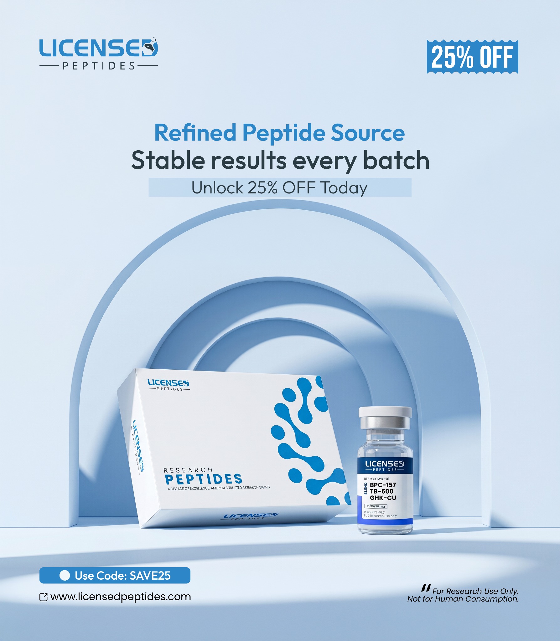 LicensedPeptides.com Facebook ad: Take 25% Off Today