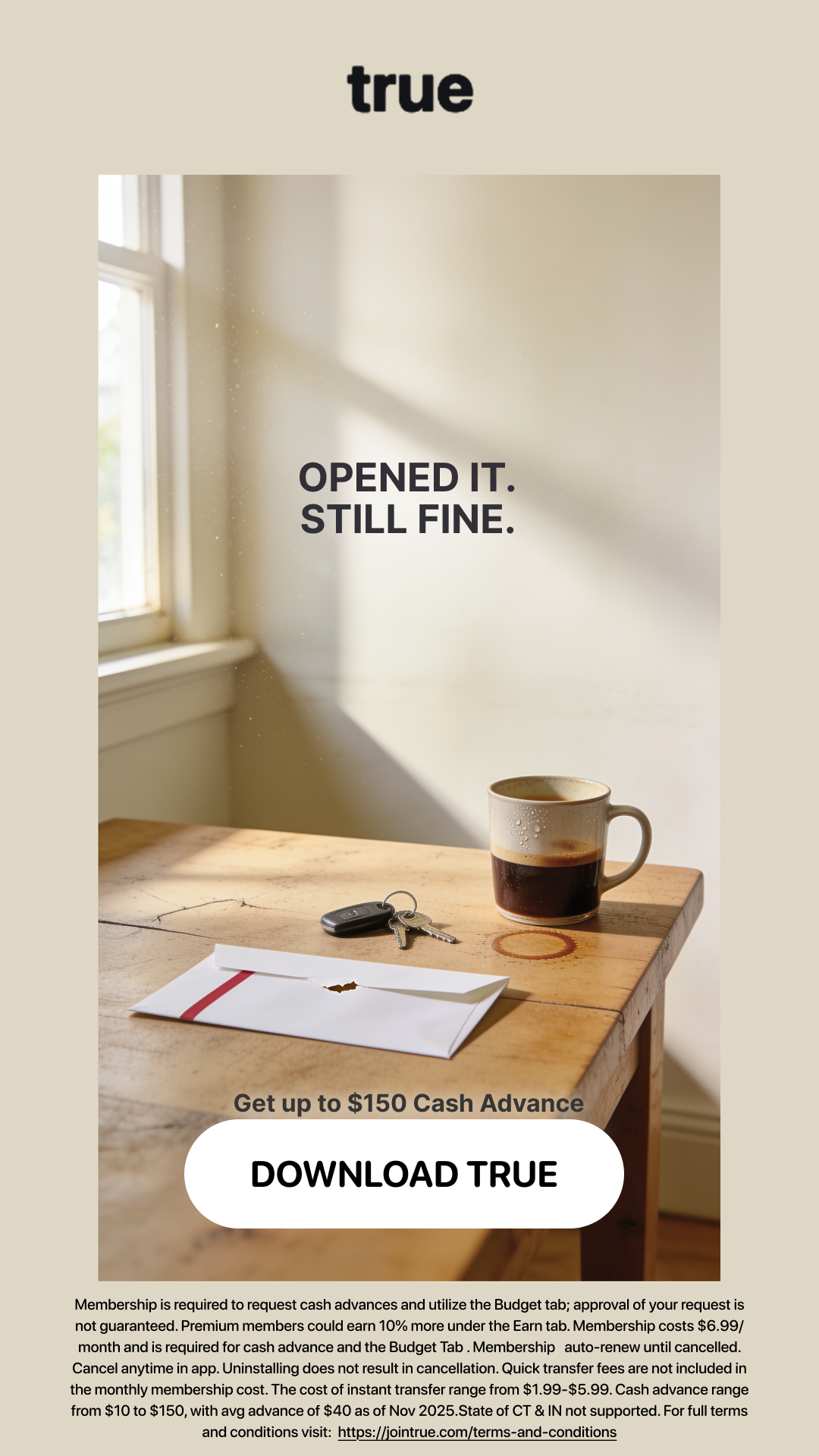 True Finance Facebook ad: Need Money Now!