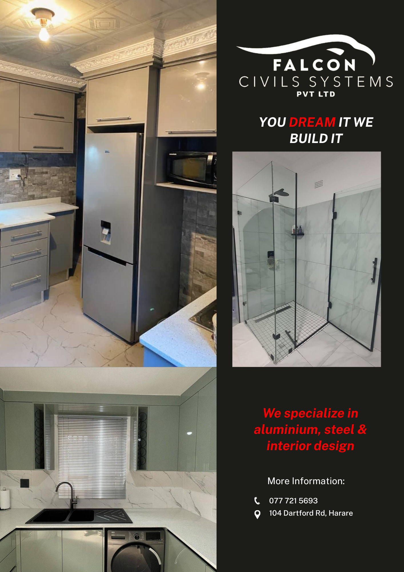 Falcon Aluminium,steel and interior designs Facebook ad: Strong. Modern. Long-lasting.