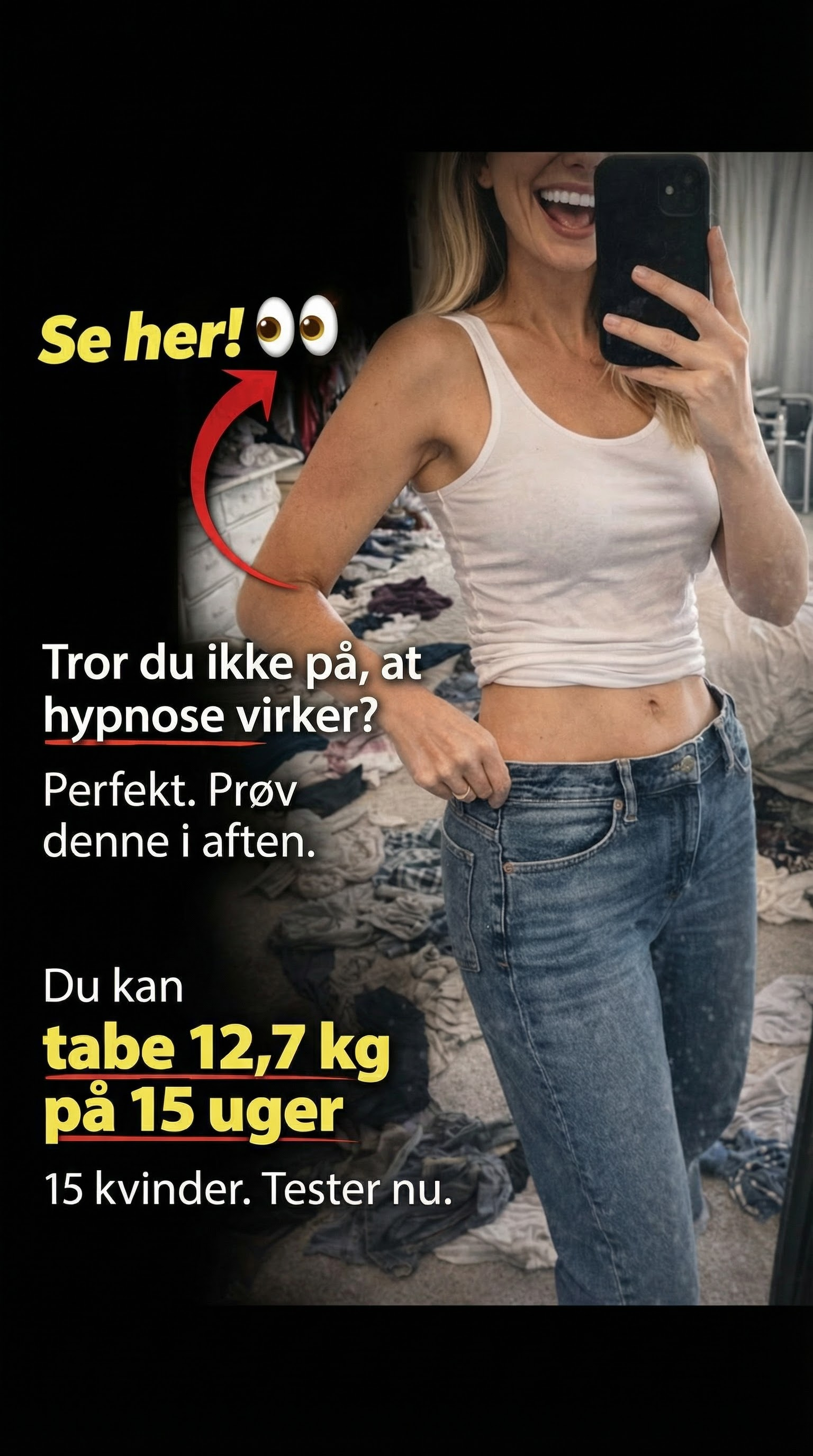 Hypnotherapy for Weight Loss Facebook ad: Tryk play. Luk øjnene. Forandr alting
