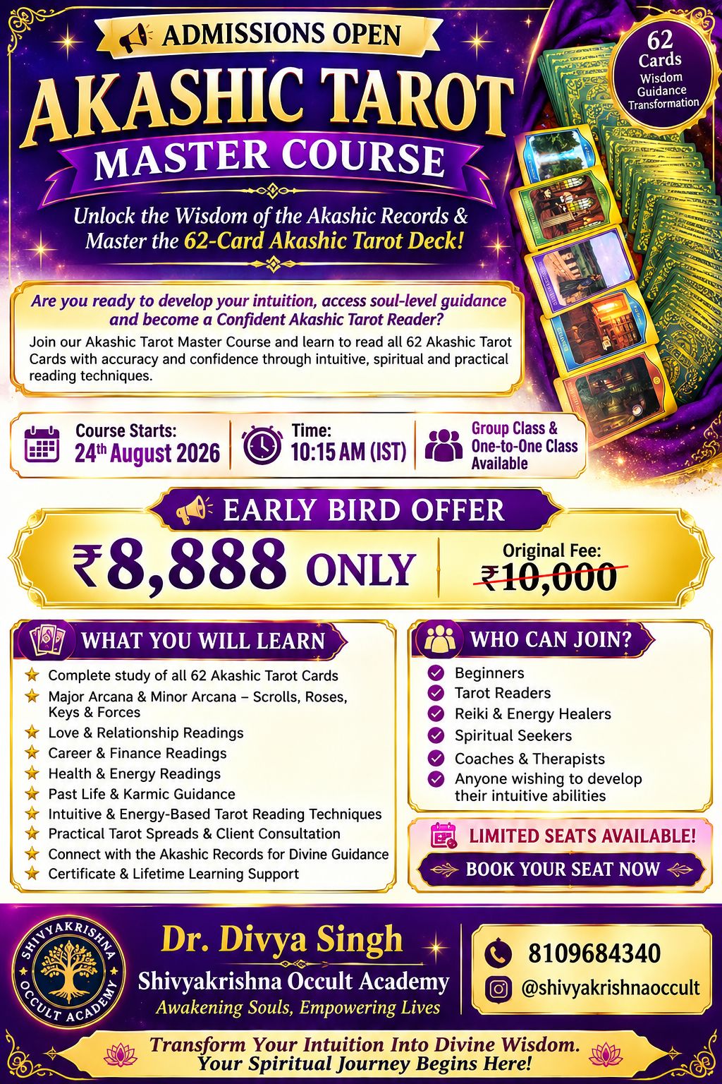 Divya Tarot Reader & Healer Facebook ad: ADMISSIONS OPEN, AKASHIC TAROT MASTER COURSE!