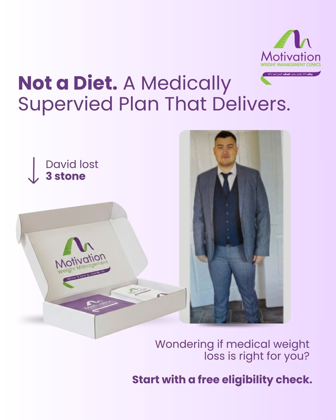 Motivation Weight Management Clinics Facebook ad: David Lost 3 Stone with Our Medically Supervised Programme